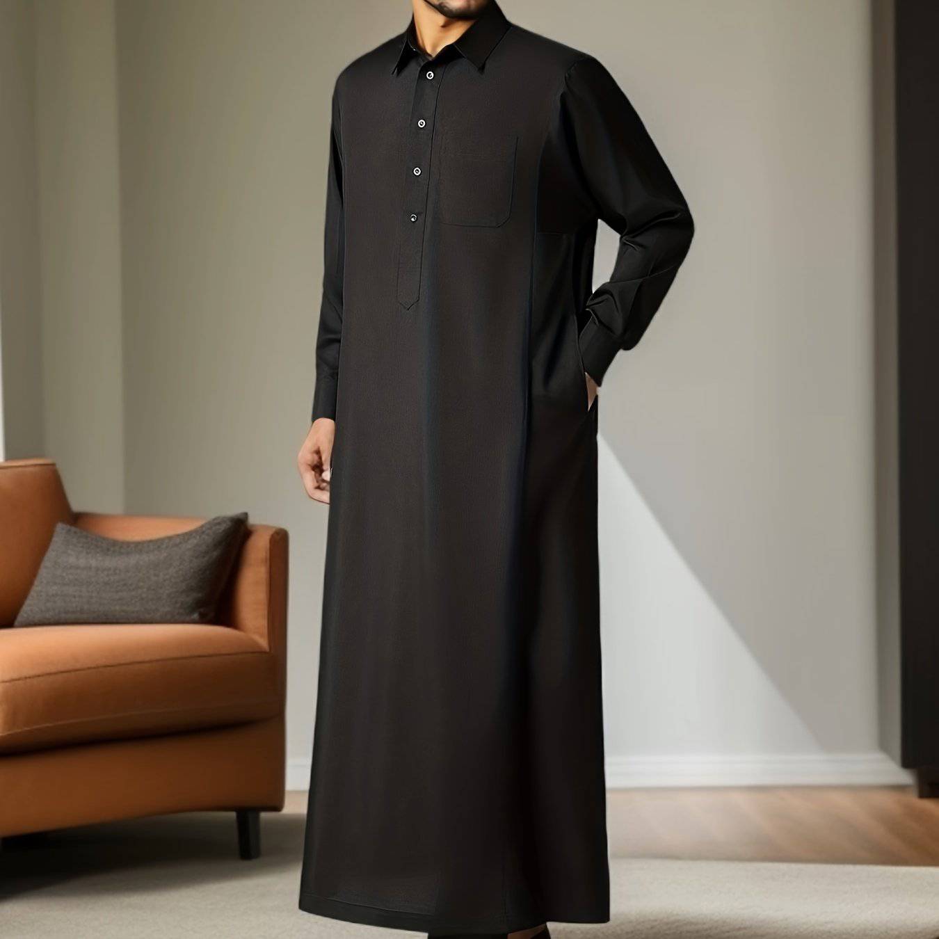 جلباب رجالي تقليدي شرق أوسطي – بقصة واسعة وأكمام طويلة، ياقة كلاسيكية وجيوب على الصدر، مصنوع من بوليستر 100%، باللون الأسود السادة، مثالي للمناسبات الثقافية وشهر رمضان والمناسبات الرسمية، هدية مثالية للكبار ولشهر رمضان. - Ebuy.sa