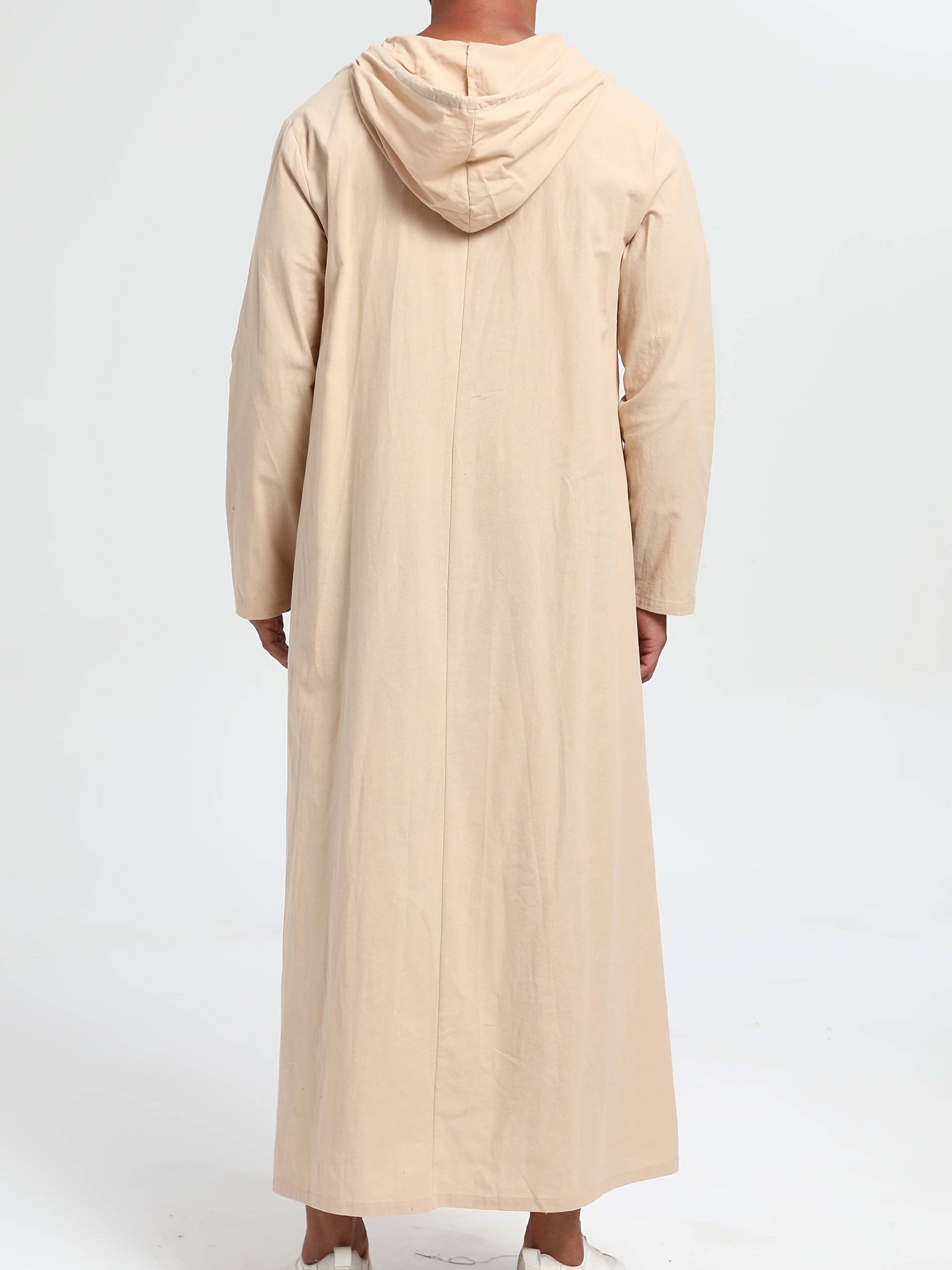 عباية رجالية كاجوال بغطاء رأس وحبل شد – بأكمام طويلة، بلون سادة، تصميم واسع على شكل حرف A، مثالية لجميع المواسم - Ebuy.sa