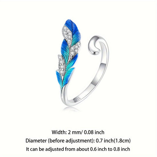 خاتم ريشة أزرق لامع حقيقي من فضة 925 - Ebuy.sa