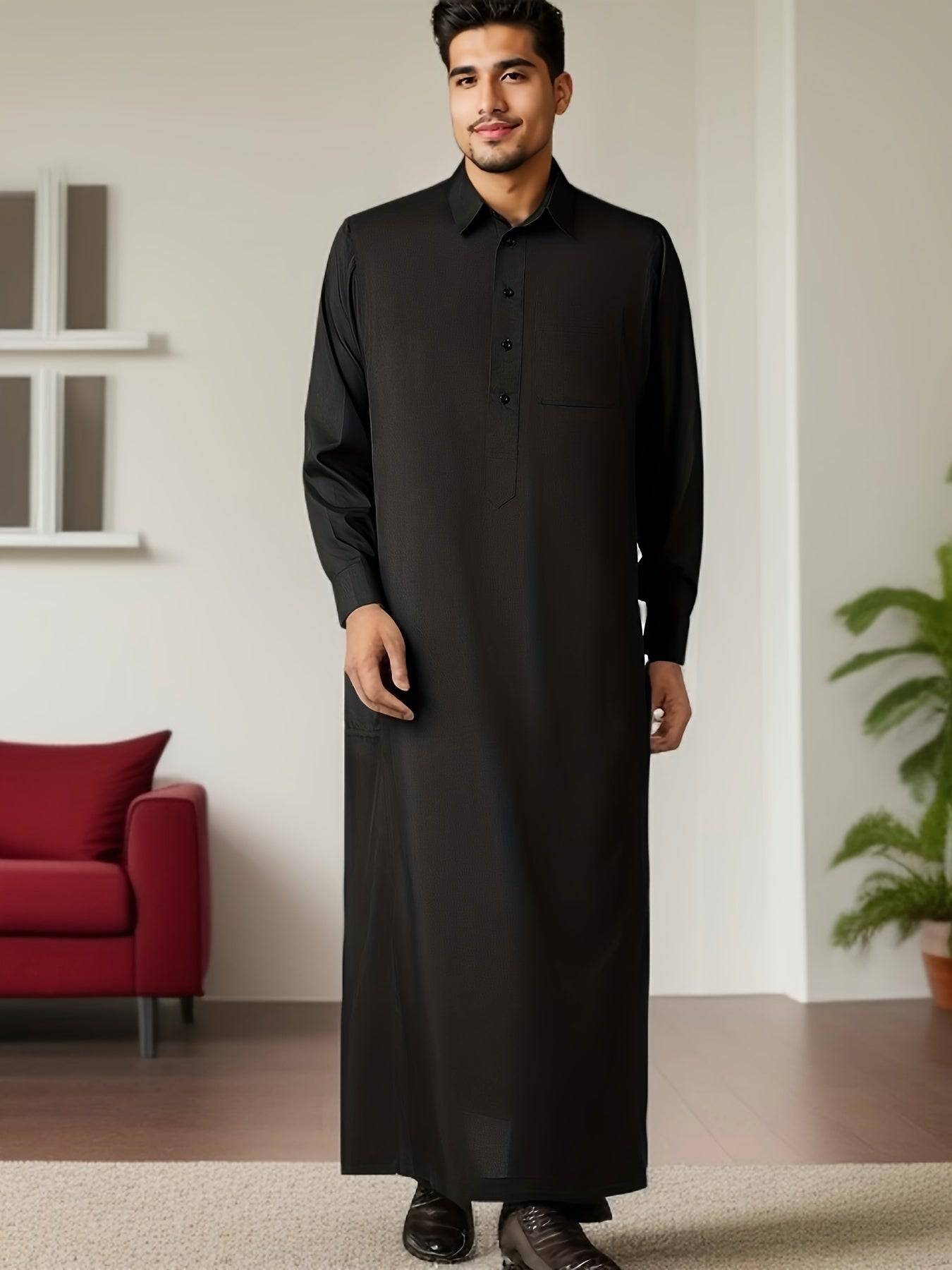 جلباب رجالي تقليدي شرق أوسطي – بقصة واسعة وأكمام طويلة، ياقة كلاسيكية وجيوب على الصدر، مصنوع من بوليستر 100%، باللون الأسود السادة، مثالي للمناسبات الثقافية وشهر رمضان والمناسبات الرسمية، هدية مثالية للكبار ولشهر رمضان. - Ebuy.sa