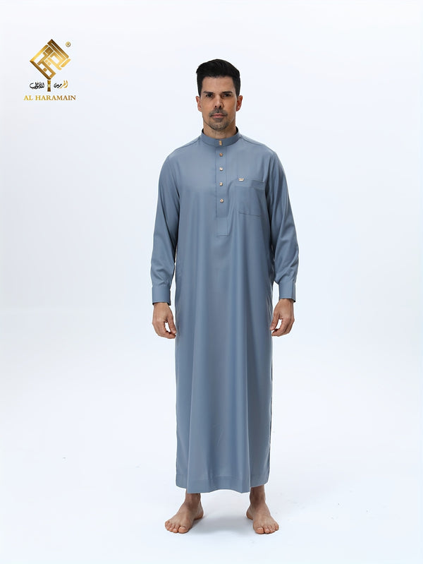 ثوب عربي رجالي من الحرمين – ثوب صلاة فاخر ناعم بأكمام طويلة وياقة واقفة مع أربعة أزرار أمامية، قابل للغسل في الغسالة، ثوب تقليدي أنيق للارتداء اليومي والمناسبات الدينية