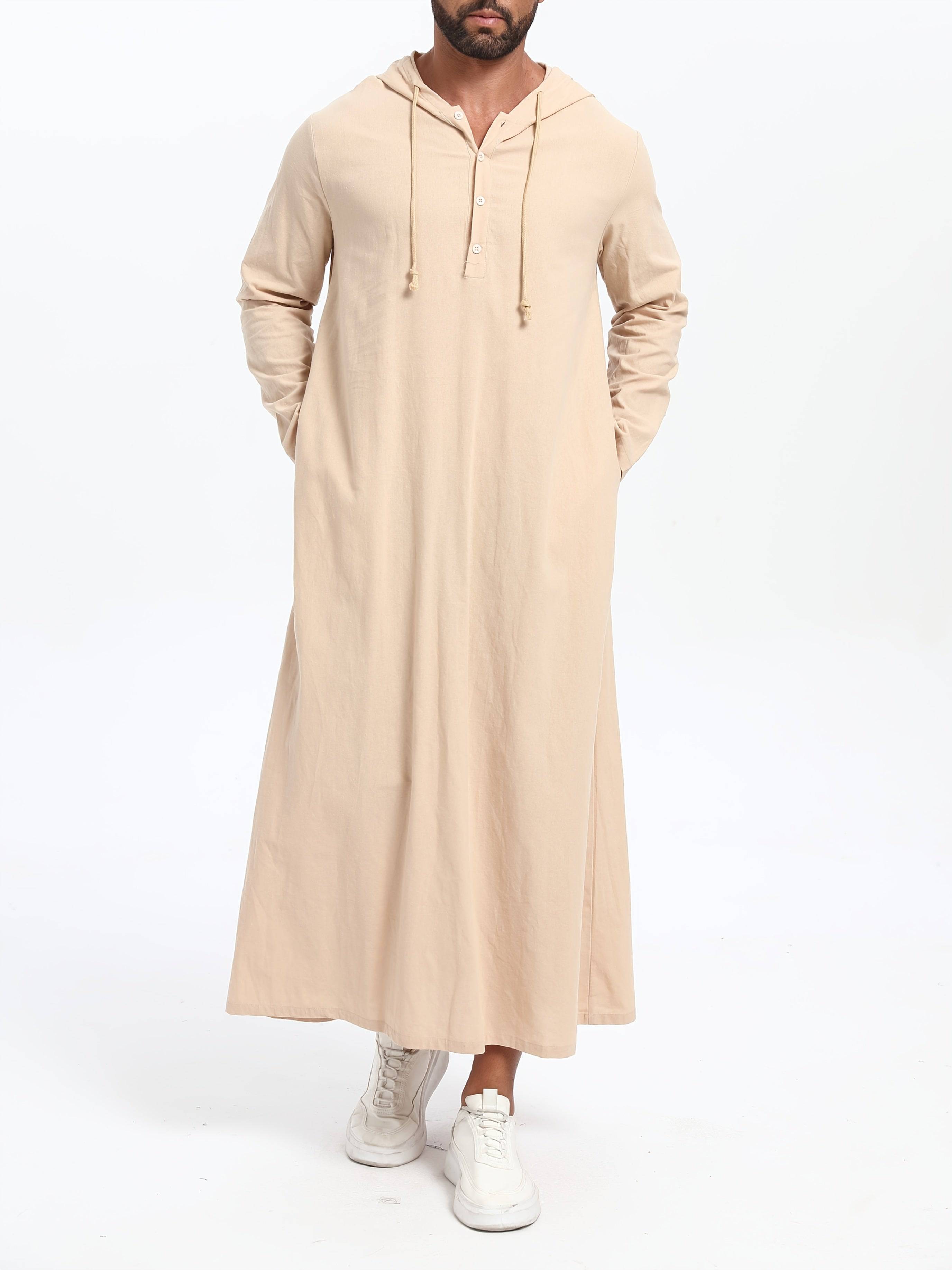 عباية رجالية كاجوال بغطاء رأس وحبل شد – بأكمام طويلة، بلون سادة، تصميم واسع على شكل حرف A، مثالية لجميع المواسم - Ebuy.sa