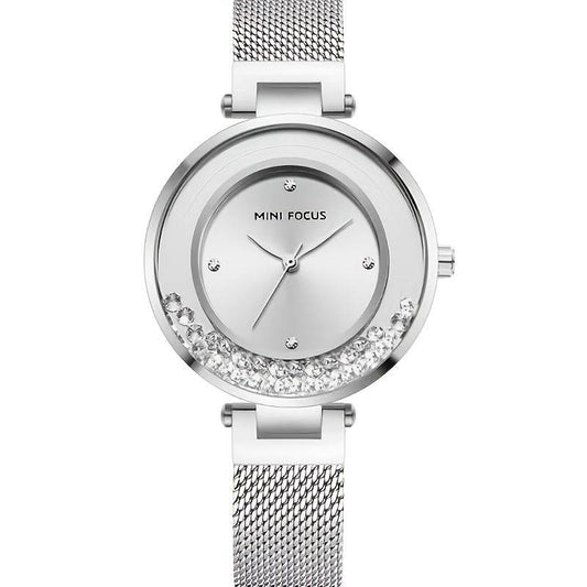 ساعة يد أنيقة للسيدات بتصميم مميز، تتميز بمينا مرصعة بأحجار الراين، وحزام شبكي من الفولاذ المقاوم للصدأ، وحركة كوارتز (فضي) - Ebuy.sa