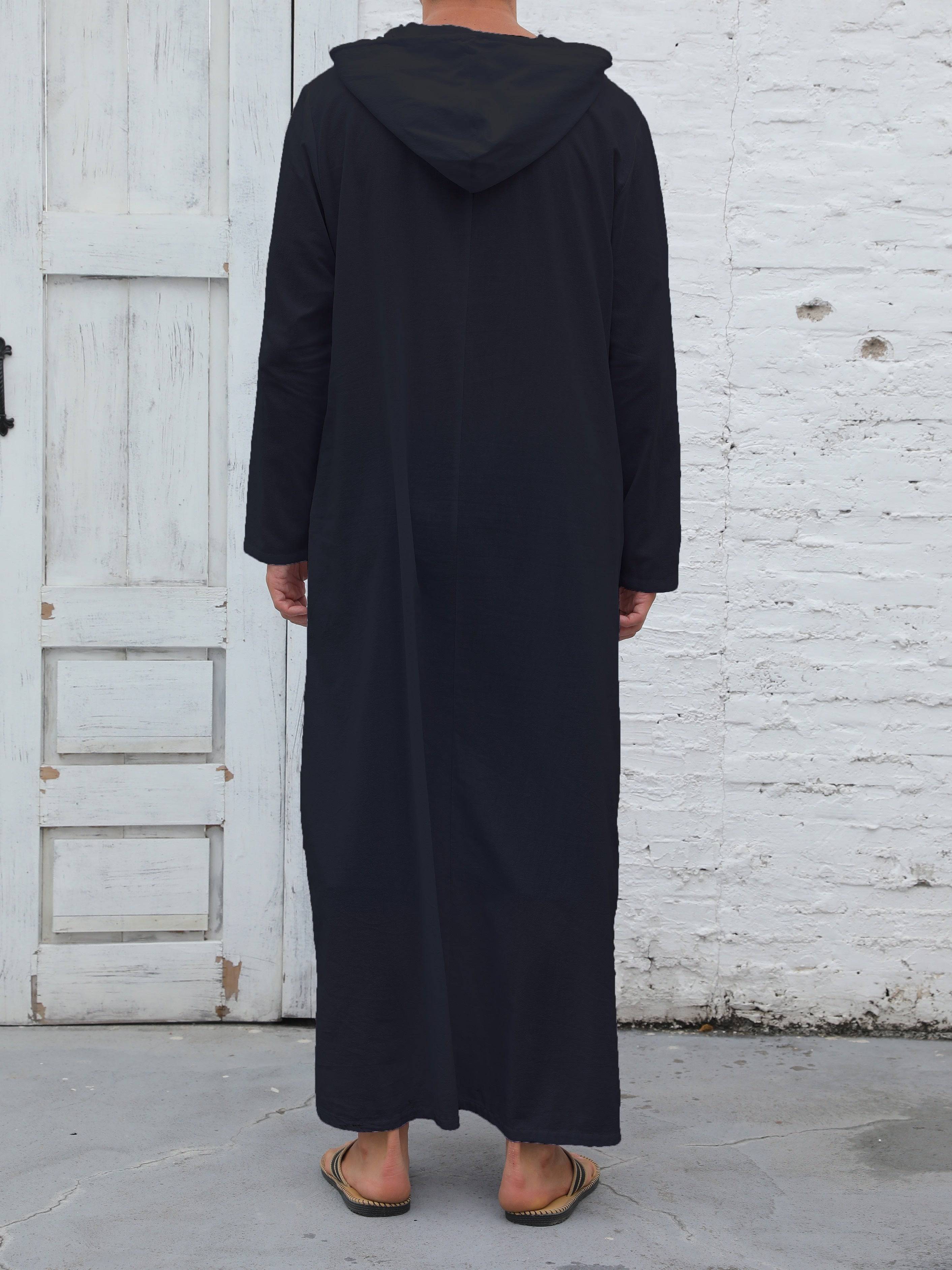 عباية رجالية كاجوال بغطاء رأس وحبل شد – بأكمام طويلة، بلون سادة، تصميم واسع على شكل حرف A، مثالية لجميع المواسم - Ebuy.sa