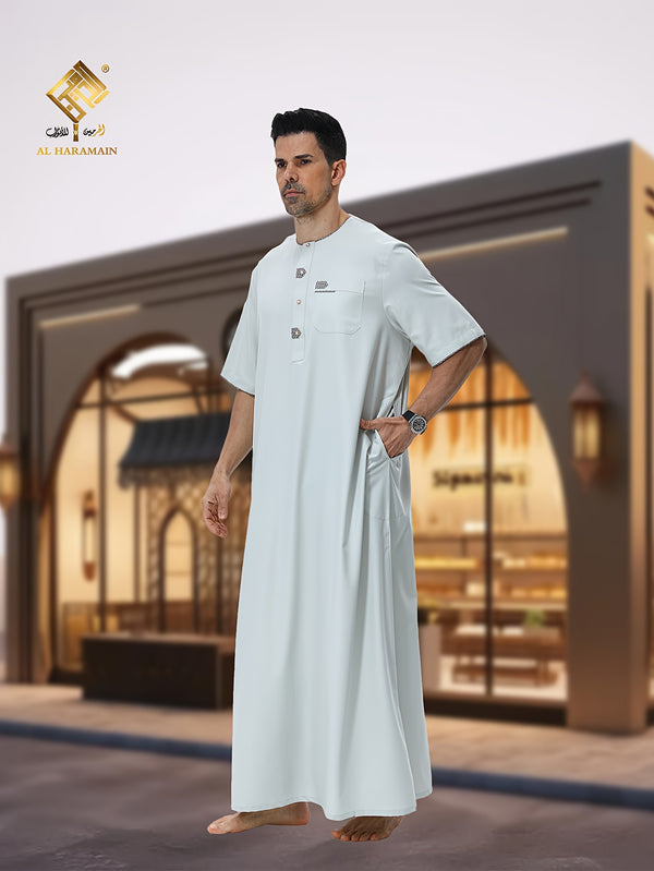 أحدث إصدار 2025 – ثوب رجالي عربي فاخر بقماش ناعم لا يكوّن وبرًا، بتصميم مغربي أنيق، كم قصير، ياقة دائرية مع أزرار، مناسب للصلاة