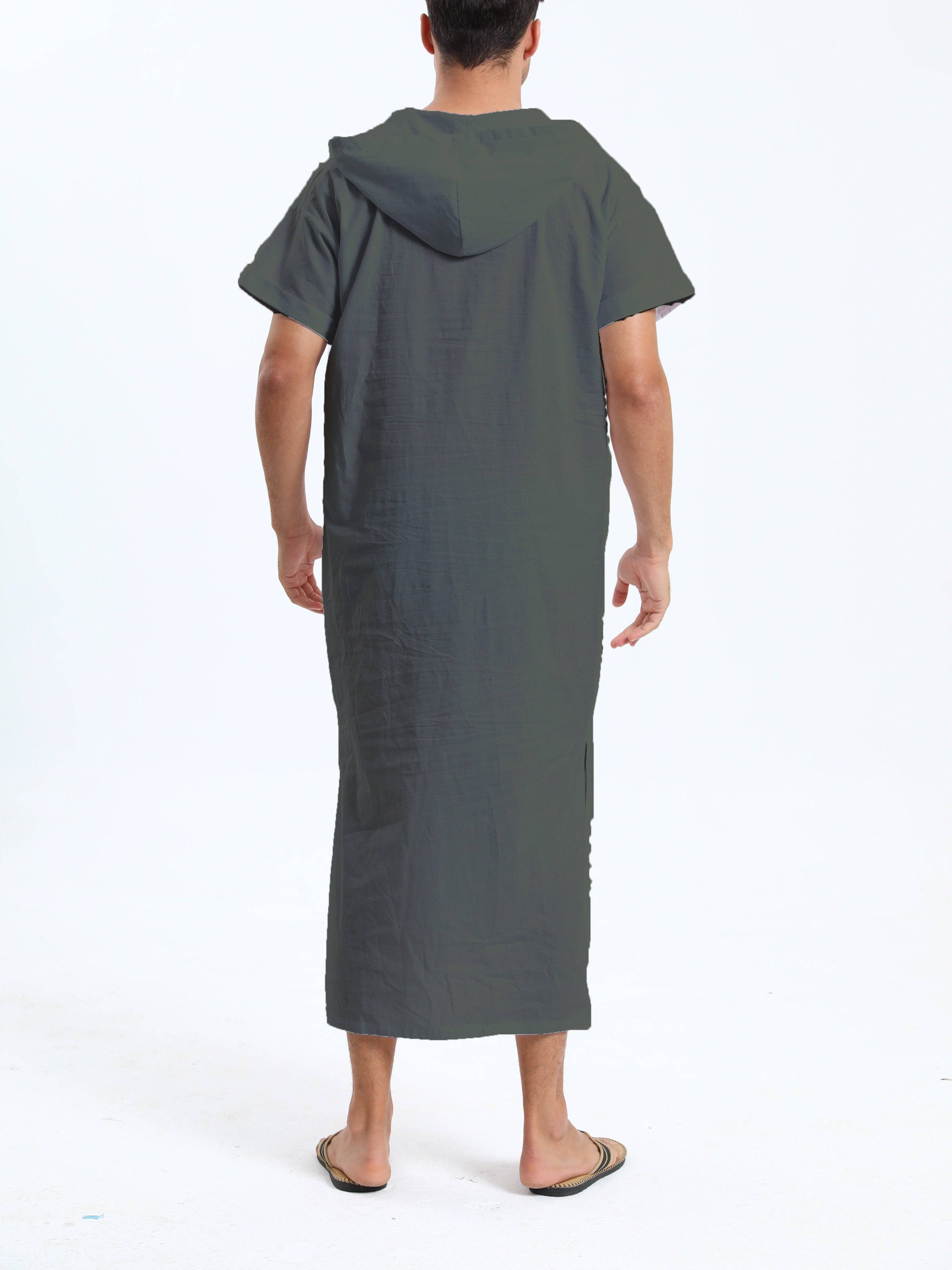 جلابية عربية رجالية بغطاء رأس من القطن – بأكمام قصيرة، باللون الأسود، مع جيوب، مريحة وكاجوال لفصول الربيع والصيف والخريف | جلابية صيفية بأكمام قصيرة | قماش غير شفاف، مثالية كهدية لكبار السن - Ebuy.sa