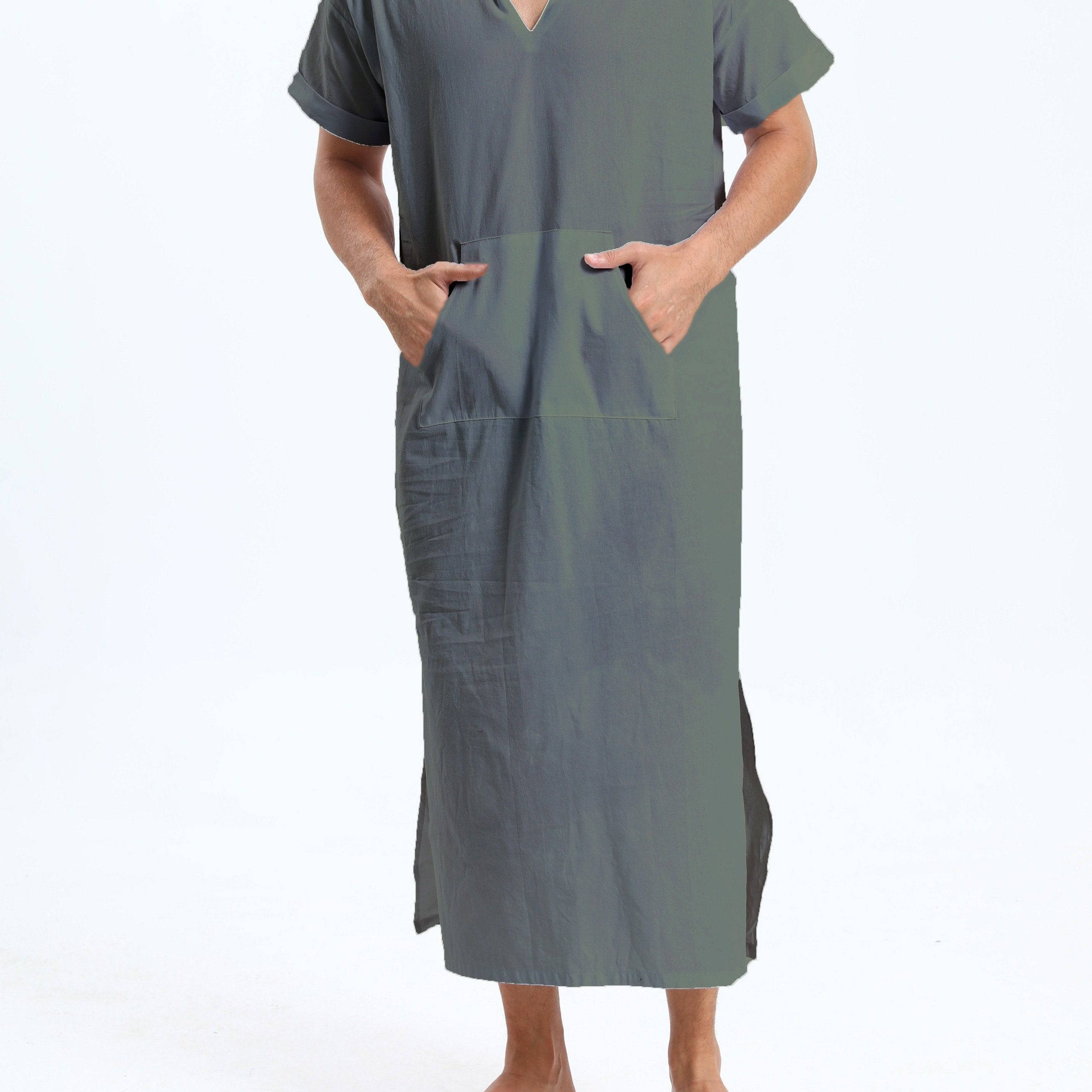 جلابية عربية رجالية بغطاء رأس من القطن – بأكمام قصيرة، باللون الأسود، مع جيوب، مريحة وكاجوال لفصول الربيع والصيف والخريف | جلابية صيفية بأكمام قصيرة | قماش غير شفاف، مثالية كهدية لكبار السن - Ebuy.sa