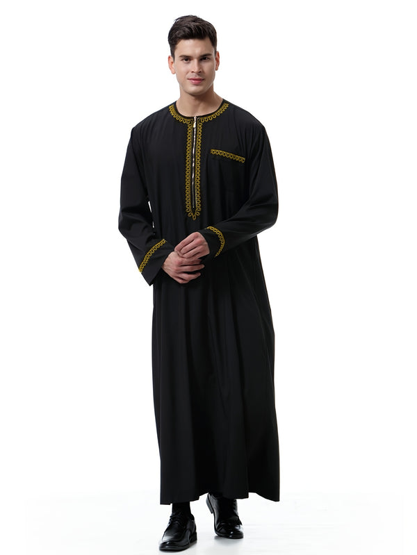 جلباب عربي رجالي أنيق بلون موحد وياقة دائرية - ثوب طويل مخطط عمودي بأكمام طويلة وجيب - كنورة رمضان وعيد الأضحى - دشداشة رجالية تقليدية - جبة حج وكفطان عربي