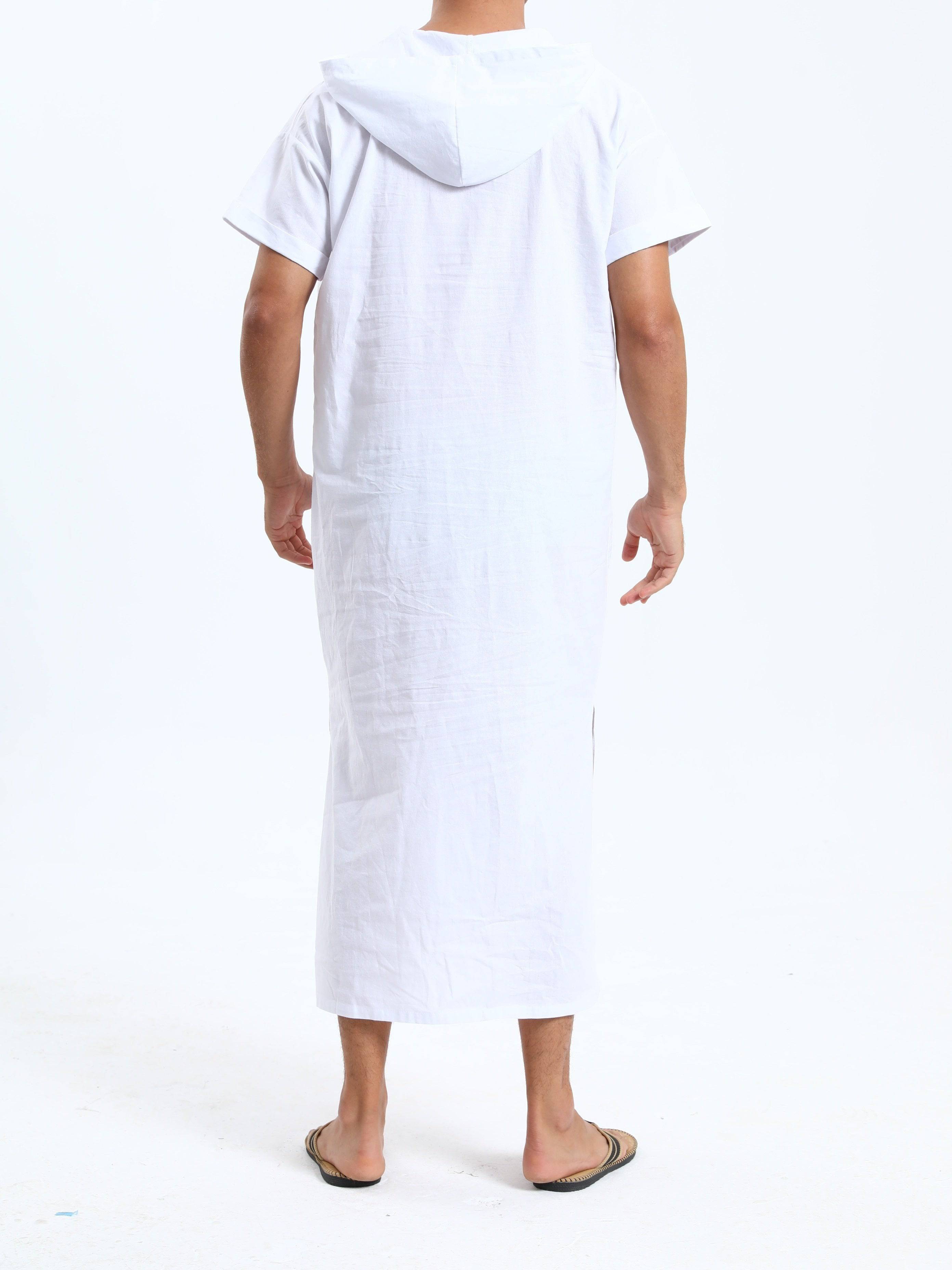 جلابية عربية رجالية بغطاء رأس من القطن – بأكمام قصيرة، باللون الأسود، مع جيوب، مريحة وكاجوال لفصول الربيع والصيف والخريف | جلابية صيفية بأكمام قصيرة | قماش غير شفاف، مثالية كهدية لكبار السن - Ebuy.sa