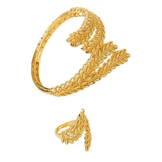 طقم مجوهرات فاخر مطلي بالذهب عيار 24 بتصميم أوراق أنيق - Ebuy.sa