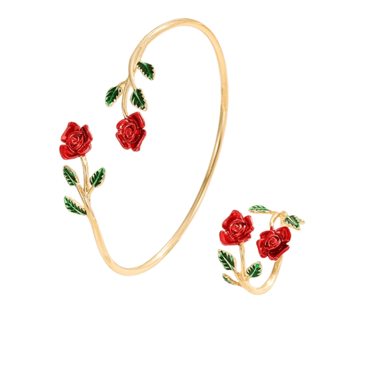 طقم سوار وخاتم بتصميم زهرة الورد – مجوهرات أنيقة بتصميم زهري للنساء - Ebuy.sa
