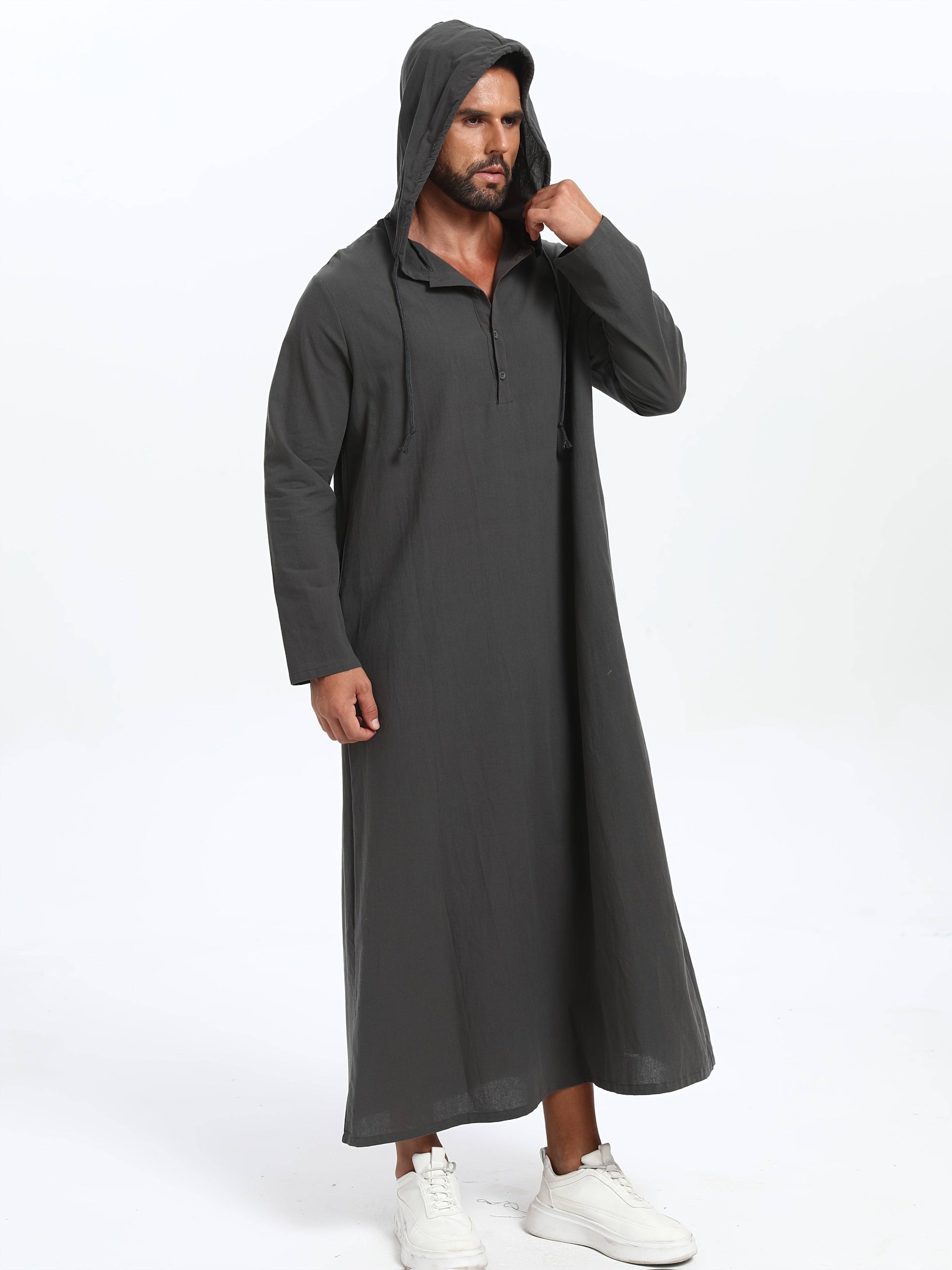 عباية رجالية كاجوال بغطاء رأس وحبل شد – بأكمام طويلة، بلون سادة، تصميم واسع على شكل حرف A، مثالية لجميع المواسم - Ebuy.sa
