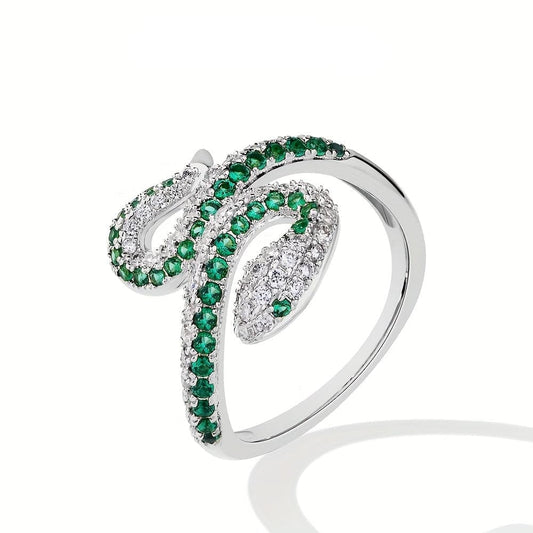 خاتم بشكل ثعبان مفتوح مع موزانيت كامل، فضة عيار 925 - Ebuy.sa