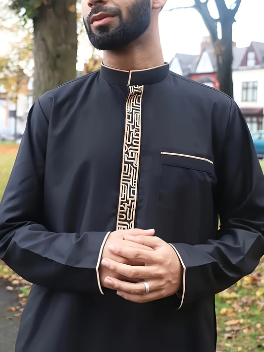 ثوب رجالي تقليدي أنيق مطرز، قماش بوليستر غير مطاطي، لون موحد، ياقة واقفة، قصة عادية، منسوج، لجميع الفصول، زي للمناسبات الإسلامية - Ebuy.sa