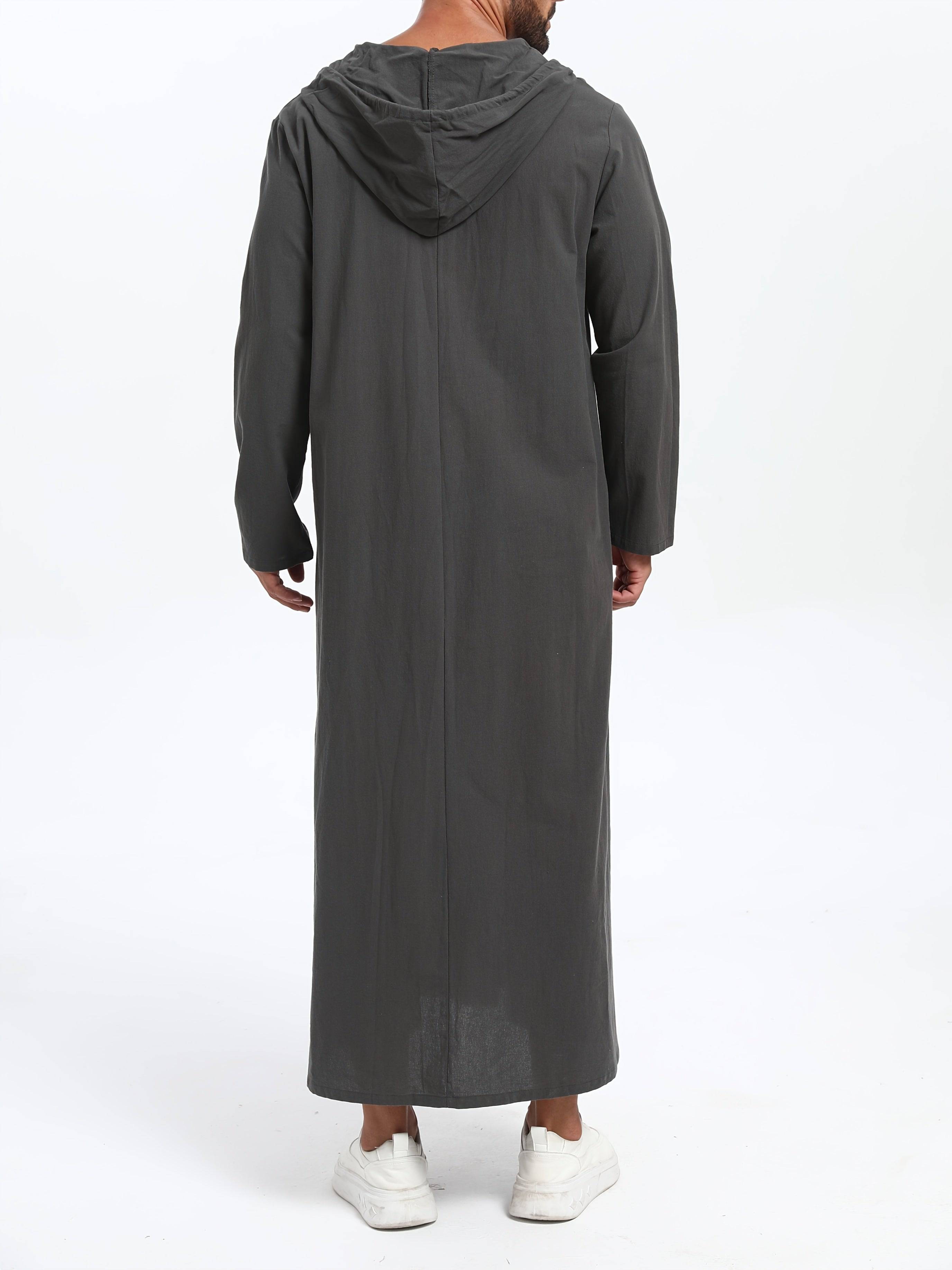 عباية رجالية كاجوال بغطاء رأس وحبل شد – بأكمام طويلة، بلون سادة، تصميم واسع على شكل حرف A، مثالية لجميع المواسم - Ebuy.sa