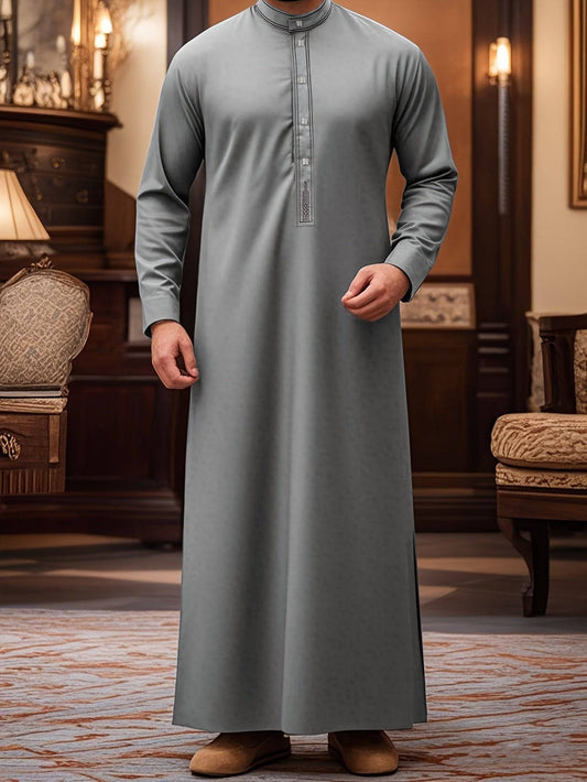ملابس تقليدية ثقافية رجالية من الشرق الأوسط، رمادي فضي بأكمام طويلة وياقة واقفة، تصميم مناسب لجميع الفصول، بتطريز مخطط باللون الرمادي الفاتح والبنفسجي، زي عربي مسلم إسلامي للعيدين رمضان والأضحى ومهرجان الغلبان - Ebuy.sa