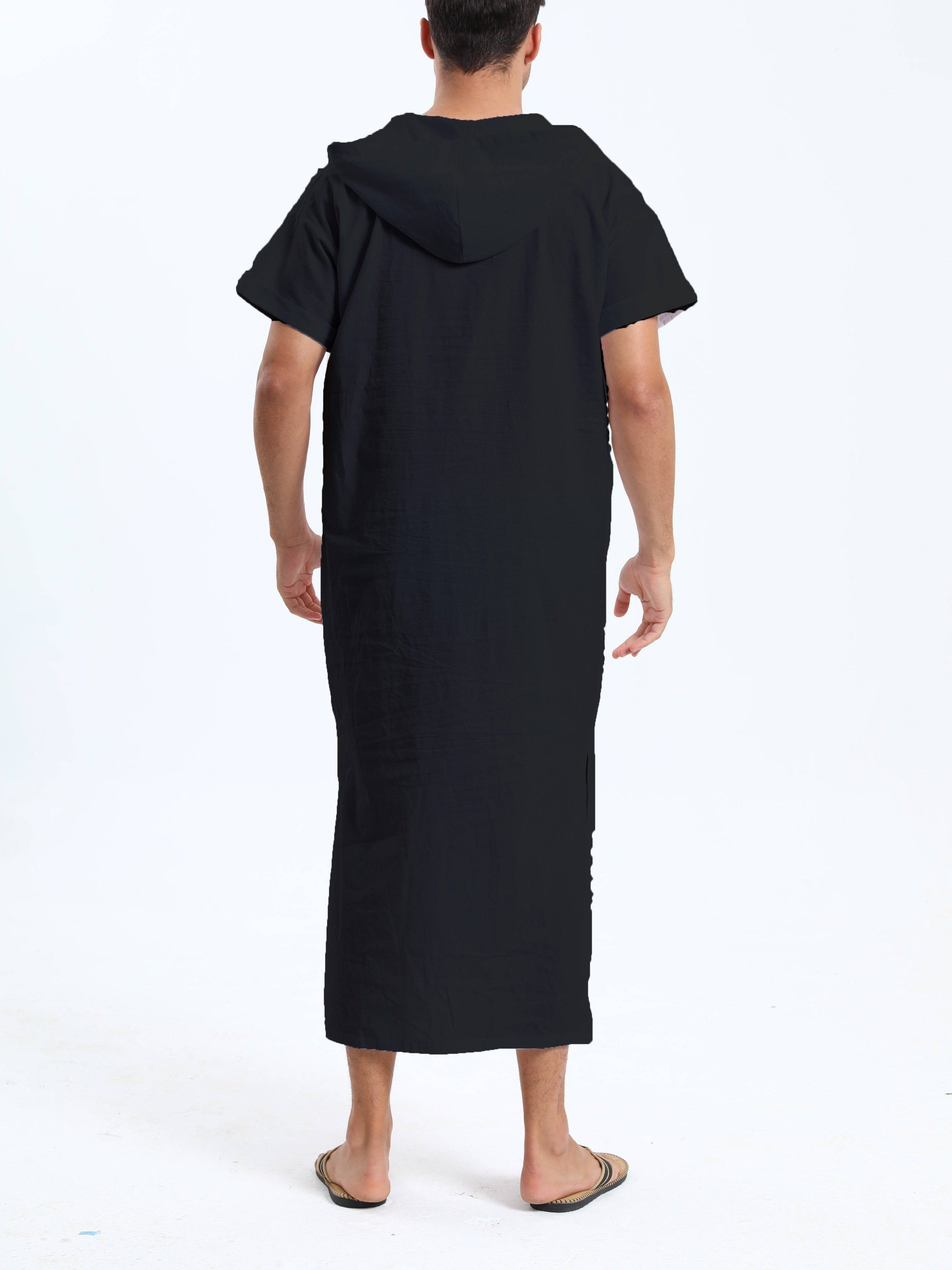 جلابية عربية رجالية بغطاء رأس من القطن – بأكمام قصيرة، باللون الأسود، مع جيوب، مريحة وكاجوال لفصول الربيع والصيف والخريف | جلابية صيفية بأكمام قصيرة | قماش غير شفاف، مثالية كهدية لكبار السن - Ebuy.sa