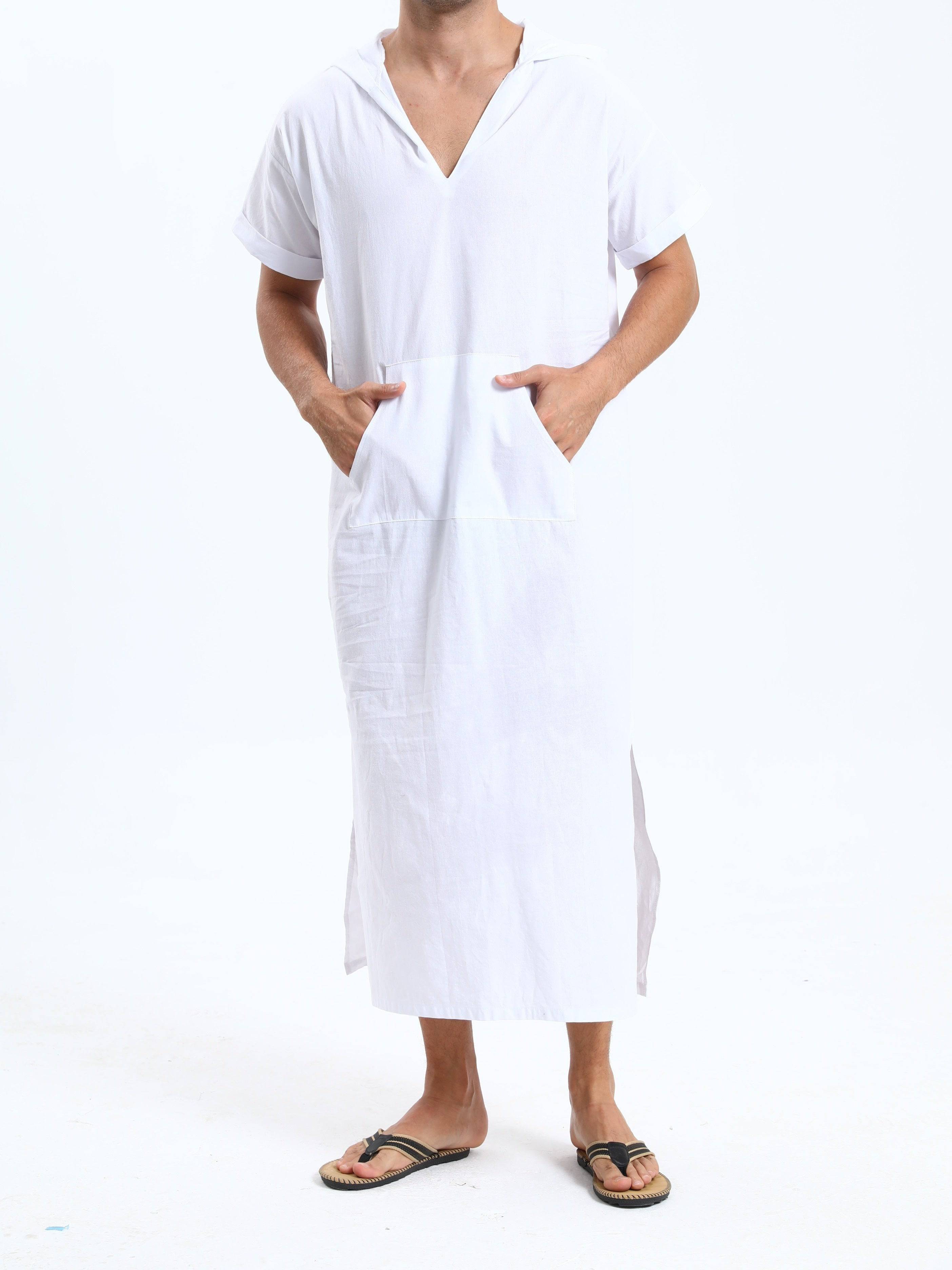 جلابية عربية رجالية بغطاء رأس من القطن – بأكمام قصيرة، باللون الأسود، مع جيوب، مريحة وكاجوال لفصول الربيع والصيف والخريف | جلابية صيفية بأكمام قصيرة | قماش غير شفاف، مثالية كهدية لكبار السن - Ebuy.sa