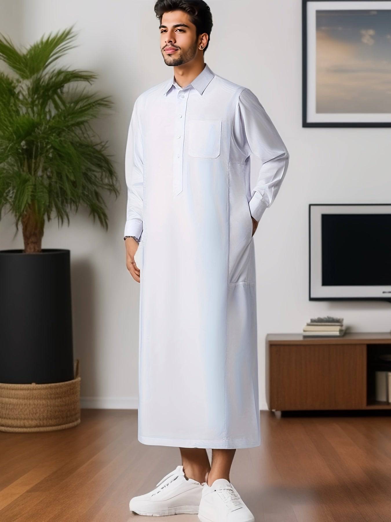 جلباب رجالي تقليدي شرق أوسطي – بقصة واسعة وأكمام طويلة، ياقة كلاسيكية وجيوب على الصدر، مصنوع من بوليستر 100%، باللون الأسود السادة، مثالي للمناسبات الثقافية وشهر رمضان والمناسبات الرسمية، هدية مثالية للكبار ولشهر رمضان. - Ebuy.sa