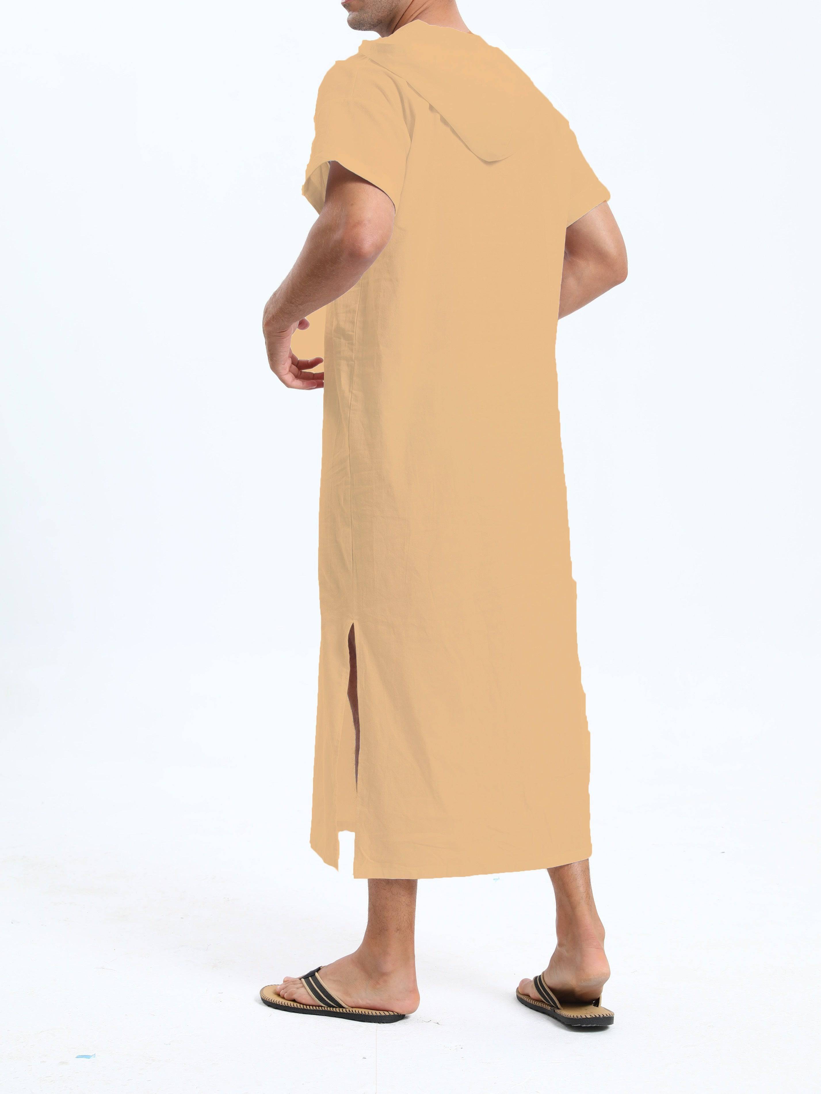 جلابية عربية رجالية بغطاء رأس من القطن – بأكمام قصيرة، باللون الأسود، مع جيوب، مريحة وكاجوال لفصول الربيع والصيف والخريف | جلابية صيفية بأكمام قصيرة | قماش غير شفاف، مثالية كهدية لكبار السن - Ebuy.sa