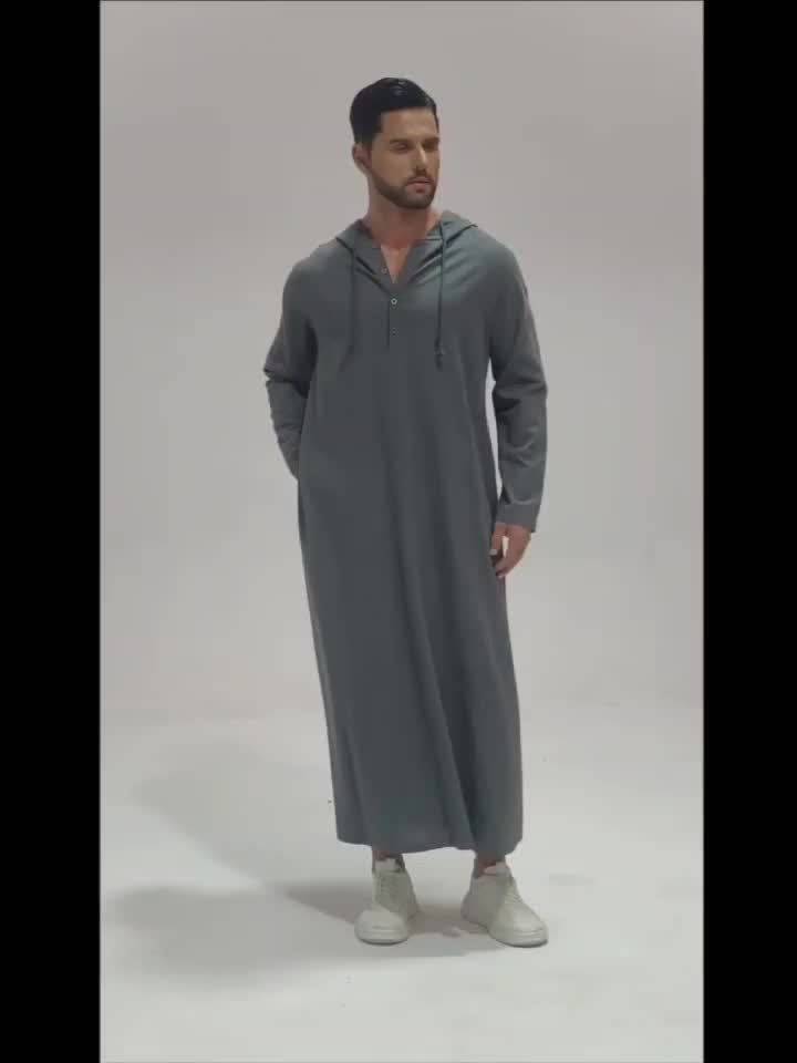 عباية رجالية كاجوال بغطاء رأس وحبل شد – بأكمام طويلة، بلون سادة، تصميم واسع على شكل حرف A، مثالية لجميع المواسم - Ebuy.sa