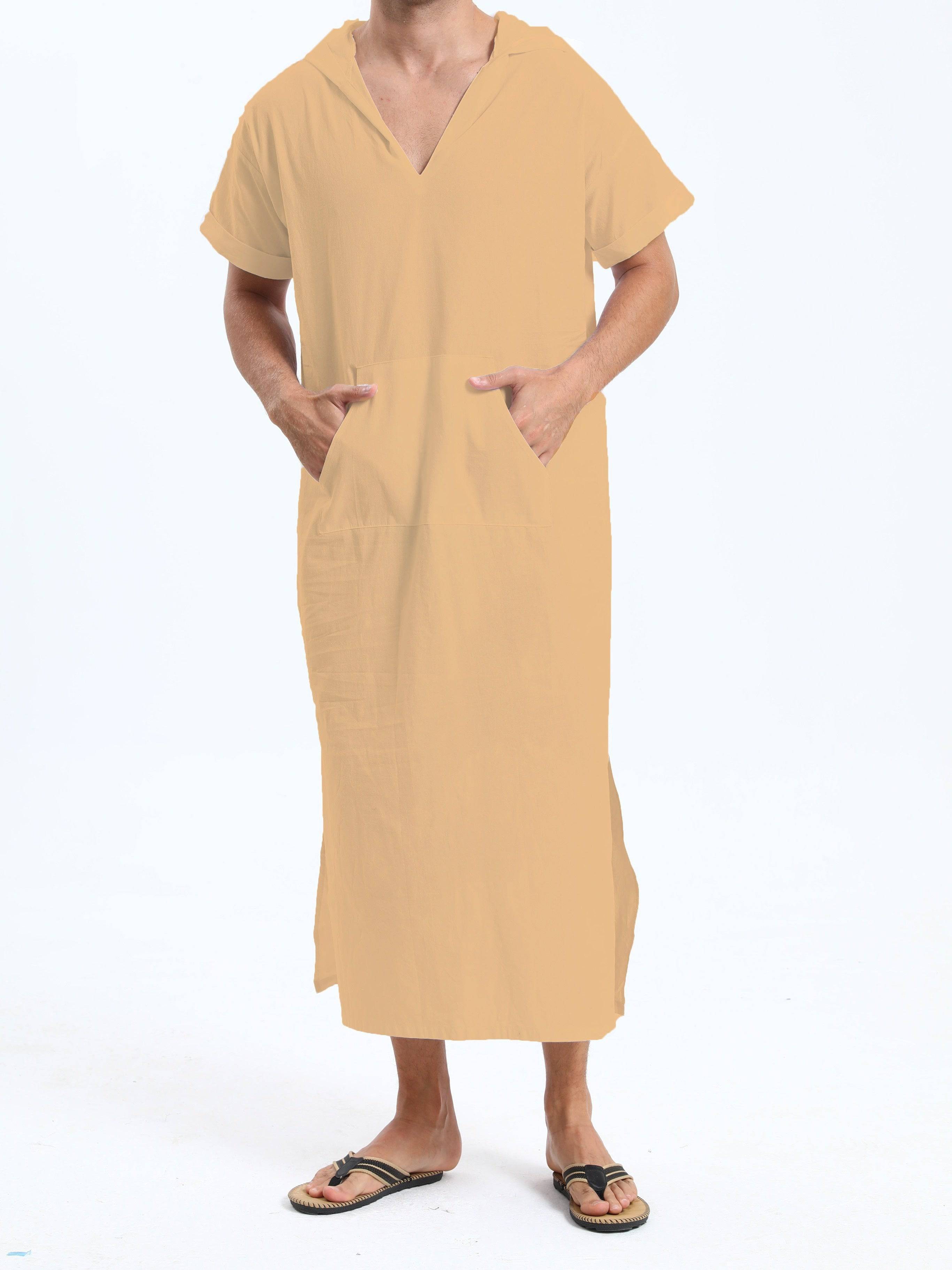 جلابية عربية رجالية بغطاء رأس من القطن – بأكمام قصيرة، باللون الأسود، مع جيوب، مريحة وكاجوال لفصول الربيع والصيف والخريف | جلابية صيفية بأكمام قصيرة | قماش غير شفاف، مثالية كهدية لكبار السن - Ebuy.sa