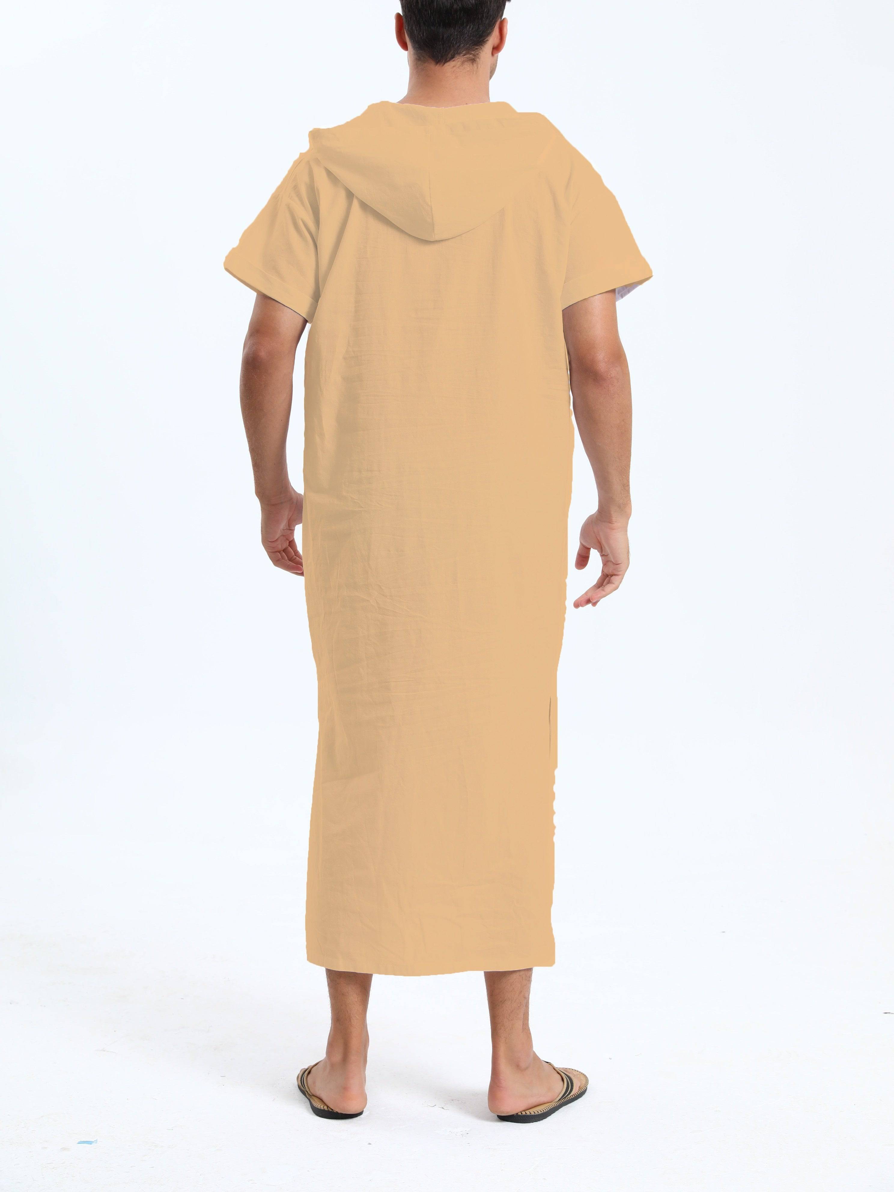 جلابية عربية رجالية بغطاء رأس من القطن – بأكمام قصيرة، باللون الأسود، مع جيوب، مريحة وكاجوال لفصول الربيع والصيف والخريف | جلابية صيفية بأكمام قصيرة | قماش غير شفاف، مثالية كهدية لكبار السن - Ebuy.sa