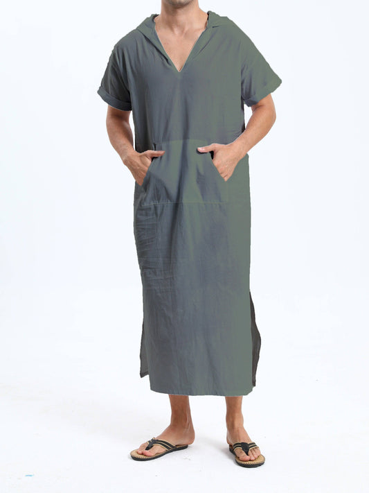 جلابية عربية رجالية بغطاء رأس من القطن – بأكمام قصيرة، باللون الأسود، مع جيوب، مريحة وكاجوال لفصول الربيع والصيف والخريف | جلابية صيفية بأكمام قصيرة | قماش غير شفاف، مثالية كهدية لكبار السن - Ebuy.sa