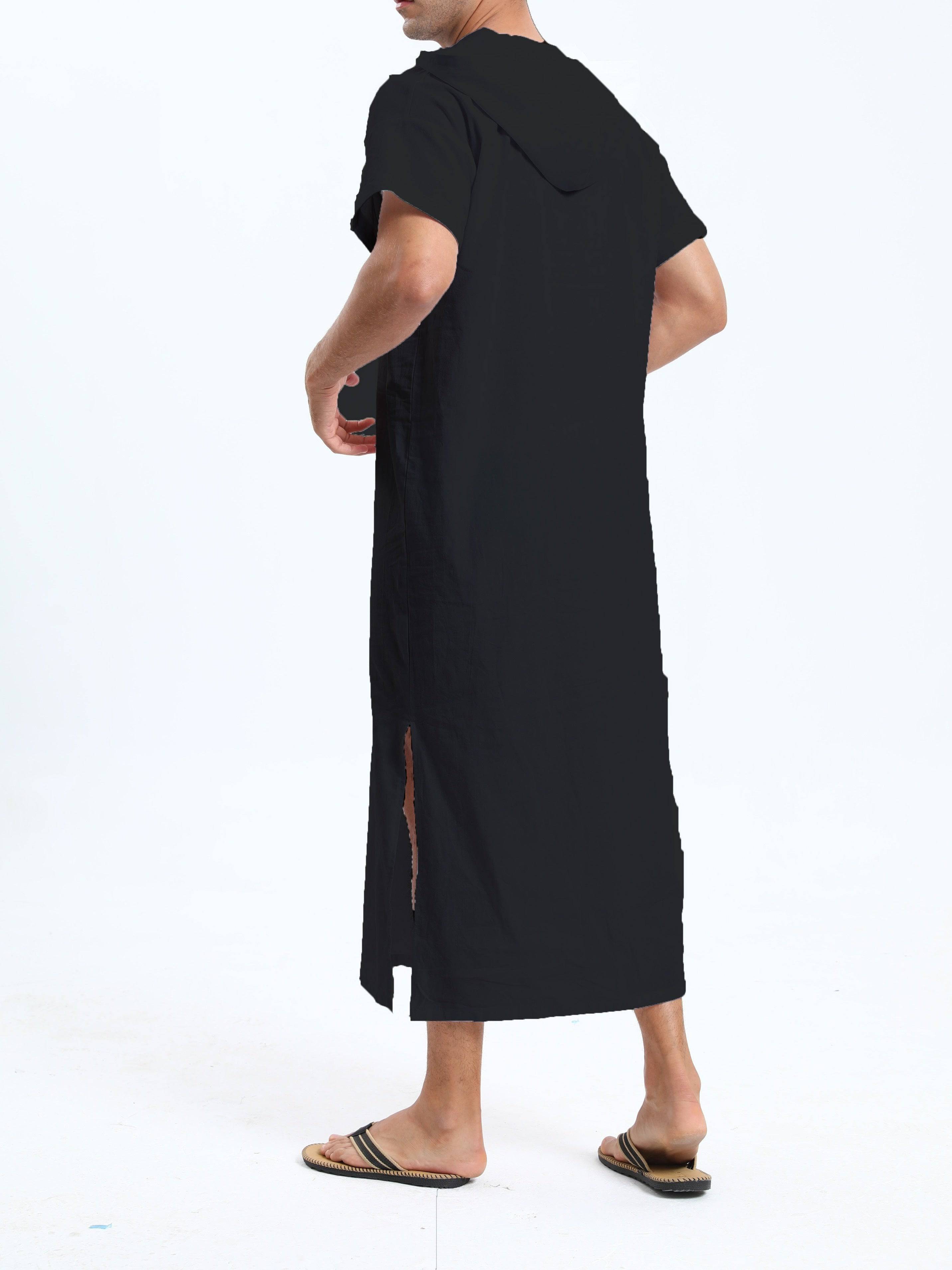 جلابية عربية رجالية بغطاء رأس من القطن – بأكمام قصيرة، باللون الأسود، مع جيوب، مريحة وكاجوال لفصول الربيع والصيف والخريف | جلابية صيفية بأكمام قصيرة | قماش غير شفاف، مثالية كهدية لكبار السن - Ebuy.sa