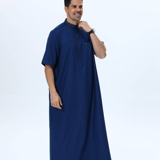 جلابية مغربية فاخرة للرجال – بقماش ناعم لا يكوّن وبرًا، بقَصّة واسعة وأكمام قصيرة، مع جيب على الصدر وياقة واقفة، قابلة للغسل في الغسالة، مناسبة لجميع المواسم كزي إسلامي تقليدي - Ebuy.sa