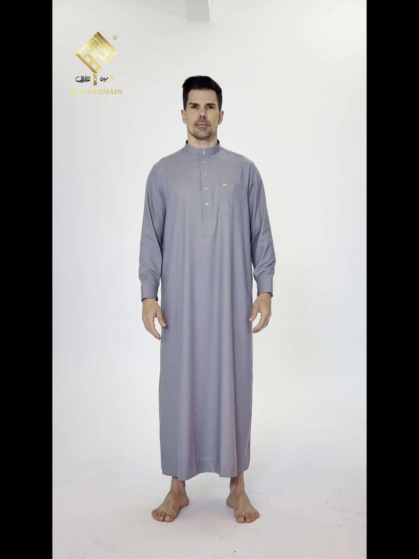 ثوب عربي رجالي من الحرمين – ثوب صلاة فاخر ناعم بأكمام طويلة وياقة واقفة مع أربعة أزرار أمامية، قابل للغسل في الغسالة، ثوب تقليدي أنيق للارتداء اليومي والمناسبات الدينية