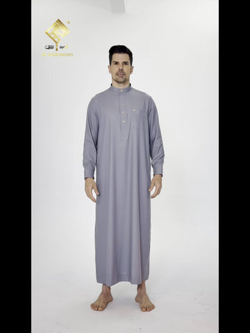 ثوب عربي رجالي من الحرمين – ثوب صلاة فاخر ناعم بأكمام طويلة وياقة واقفة مع أربعة أزرار أمامية، قابل للغسل في الغسالة، ثوب تقليدي أنيق للارتداء اليومي والمناسبات الدينية - Ebuy.sa