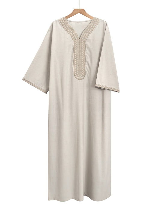 ثوب عربي تقليدي رجالي من Eibbylink – بأكمام 3/4 وياقة على شكل V، مزوّد بجيوب جانبية وتطريز مغربي، مصنوع من قماش كتان قابل للتنفس لراحة طوال المواسم، بقصّة O، مثالي كلباس إسلامي أو جلباب رجالي أنيق - Ebuy.sa