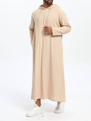 عباية رجالية كاجوال بغطاء رأس وحبل شد – بأكمام طويلة، بلون سادة، تصميم واسع على شكل حرف A، مثالية لجميع المواسم - Ebuy.sa