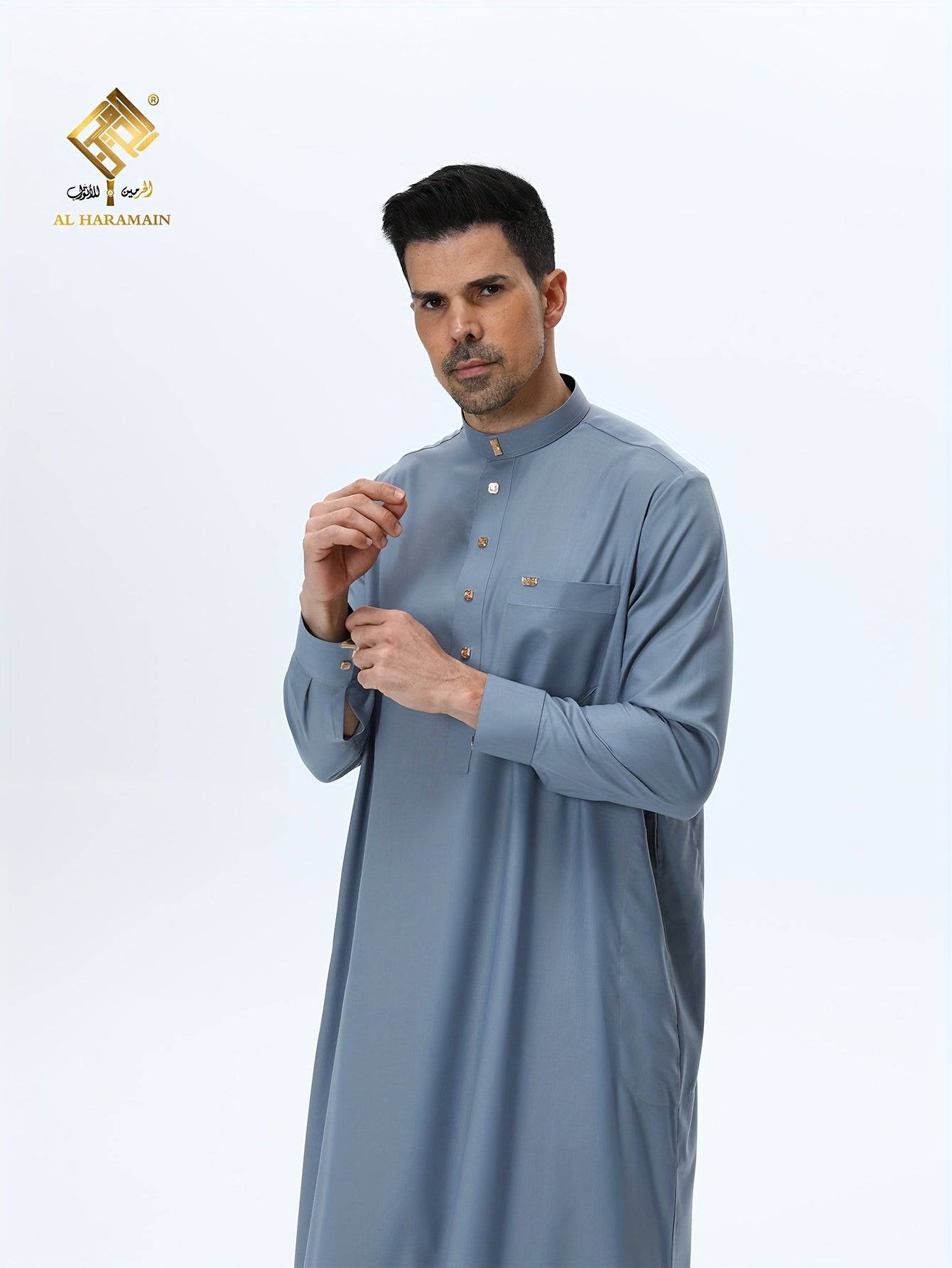 ثوب عربي رجالي من الحرمين – ثوب صلاة فاخر ناعم بأكمام طويلة وياقة واقفة مع أربعة أزرار أمامية، قابل للغسل في الغسالة، ثوب تقليدي أنيق للارتداء اليومي والمناسبات الدينية - Ebuy.sa