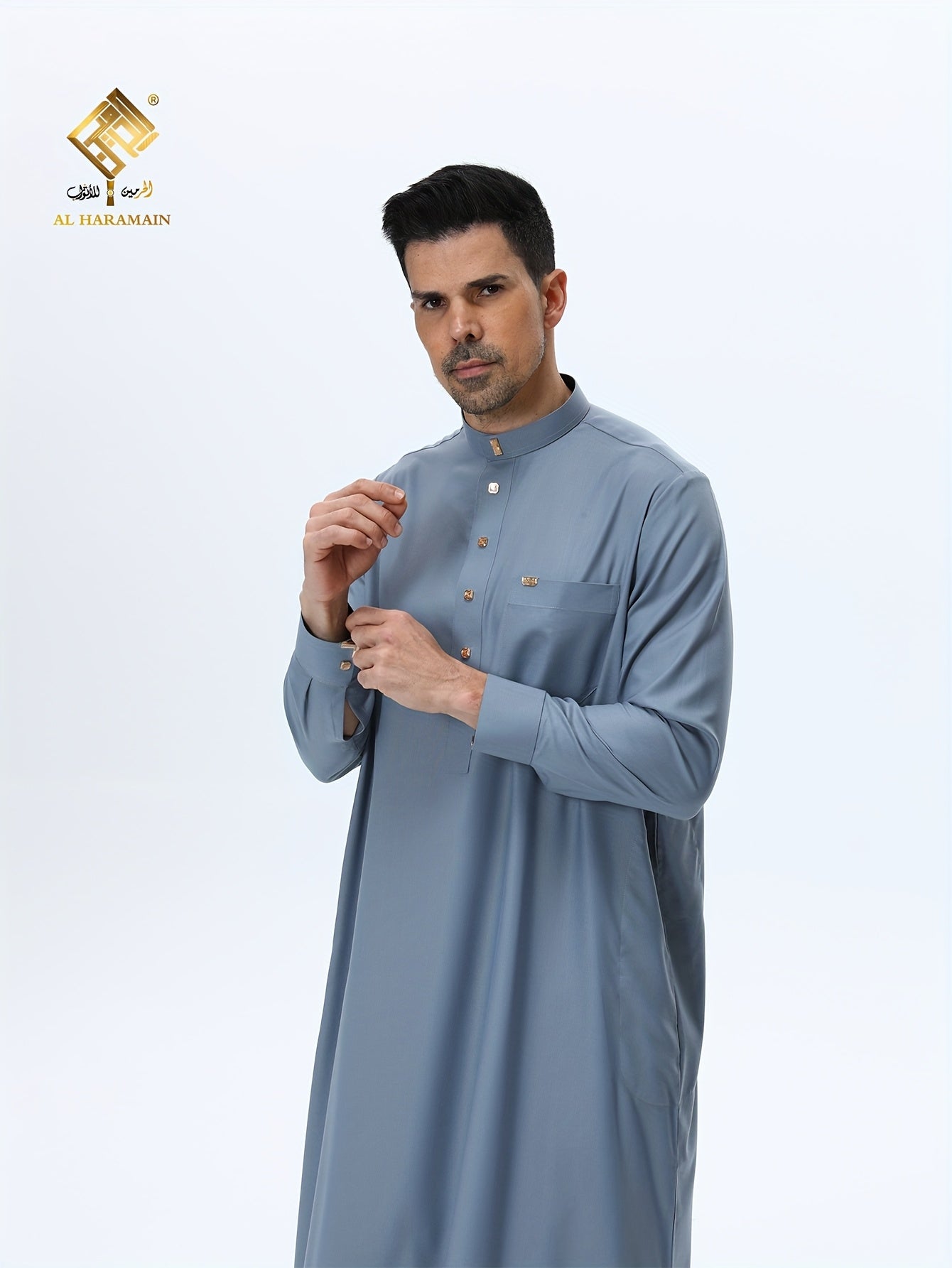 ثوب عربي رجالي من الحرمين – ثوب صلاة فاخر ناعم بأكمام طويلة وياقة واقفة مع أربعة أزرار أمامية، قابل للغسل في الغسالة، ثوب تقليدي أنيق للارتداء اليومي والمناسبات الدينية