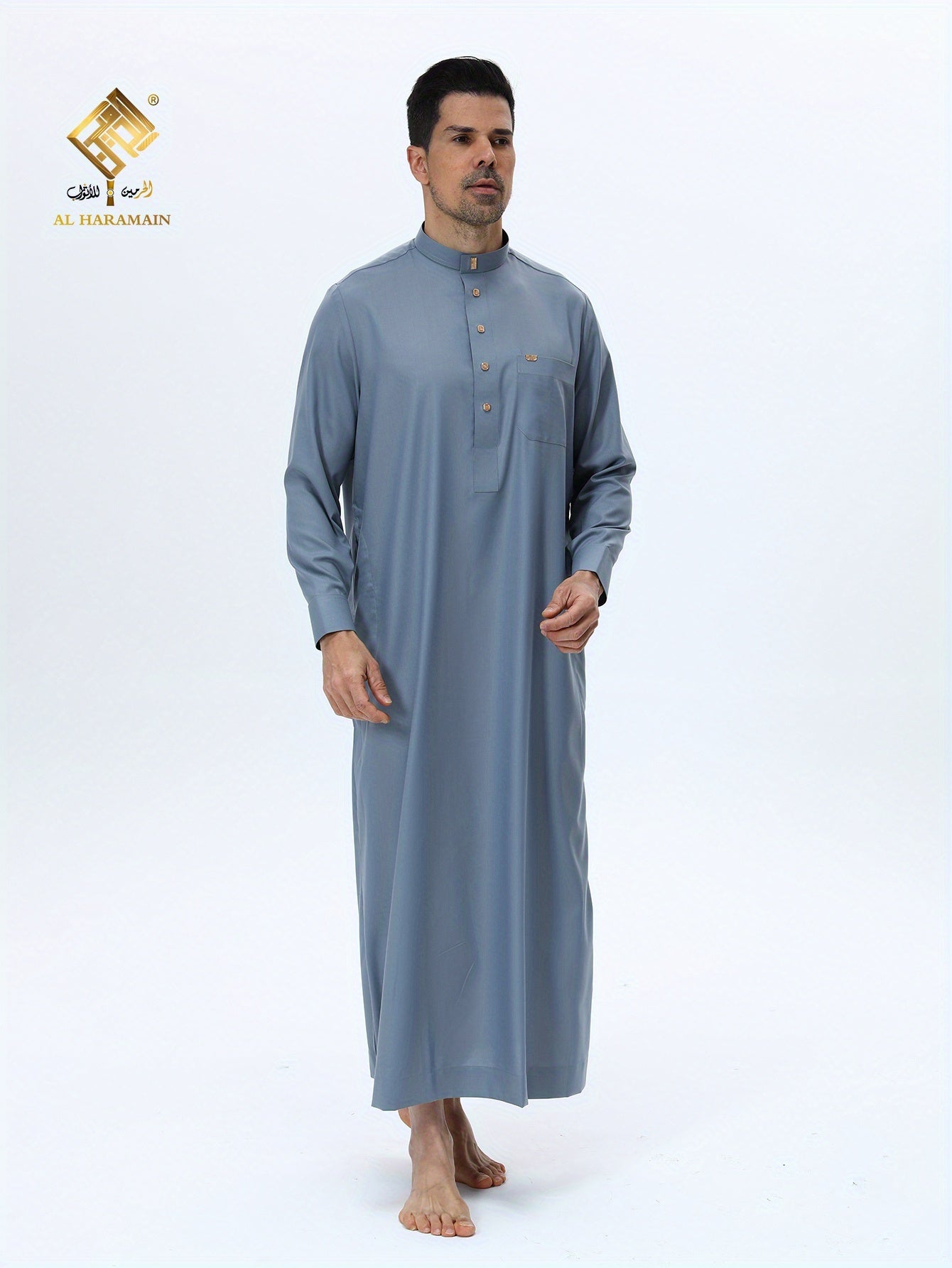 ثوب عربي رجالي من الحرمين – ثوب صلاة فاخر ناعم بأكمام طويلة وياقة واقفة مع أربعة أزرار أمامية، قابل للغسل في الغسالة، ثوب تقليدي أنيق للارتداء اليومي والمناسبات الدينية