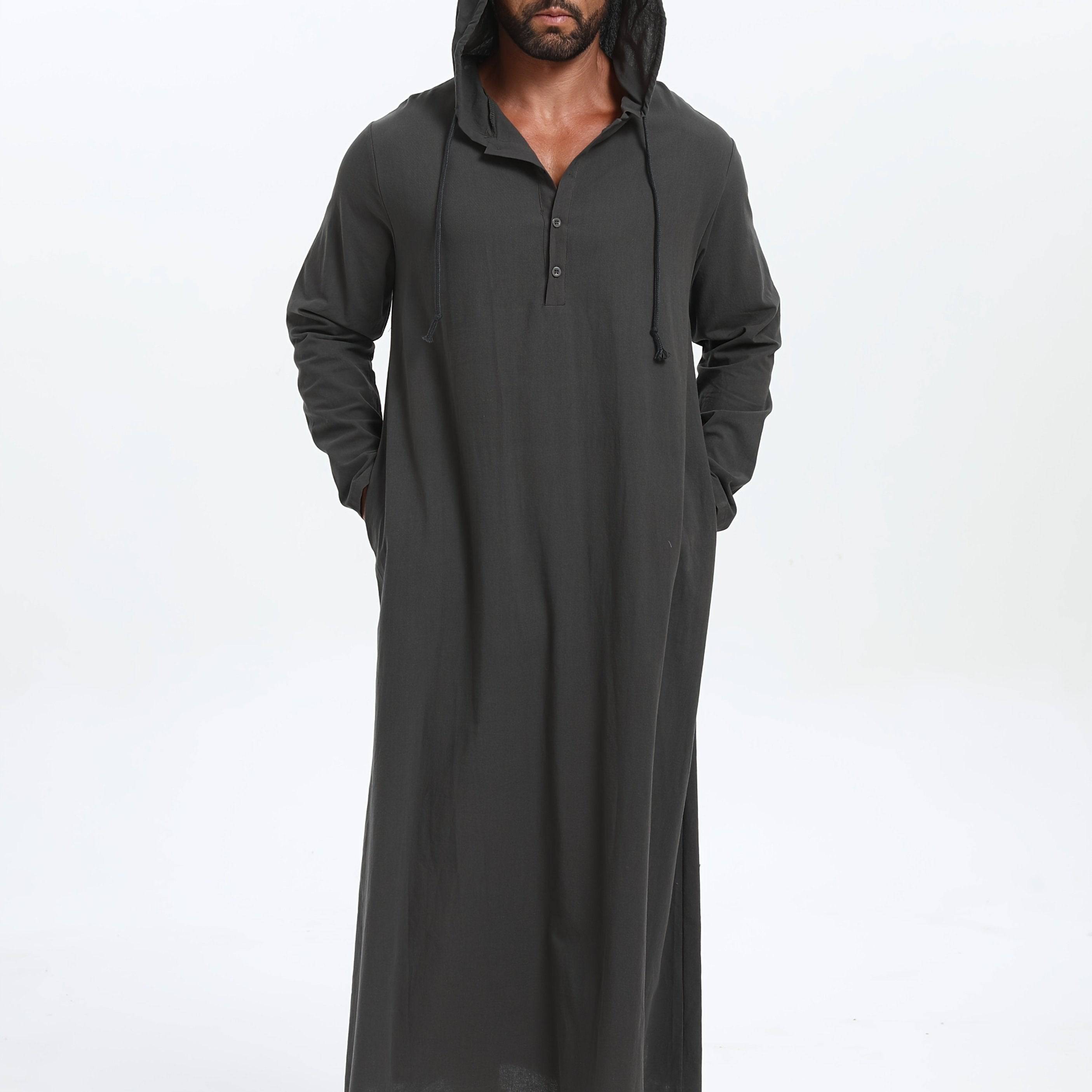 عباية رجالية كاجوال بغطاء رأس وحبل شد – بأكمام طويلة، بلون سادة، تصميم واسع على شكل حرف A، مثالية لجميع المواسم - Ebuy.sa