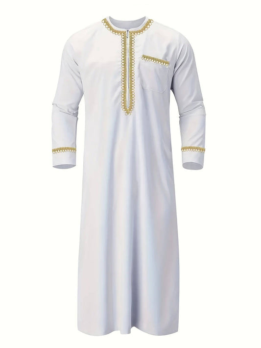 ثوب مسلم رجالي أبيض بأكمام طويلة وتطريز ذهبي متباين – جلباب سعودي شرق أوسطي، مناسب للصلاة والعبادة، واسع ومريح، بياقة دائرية، مصنوع من مزيج بوليستر، زي إسلامي تقليدي لجميع المواسم، هدية مثالية للكبار - Ebuy.sa