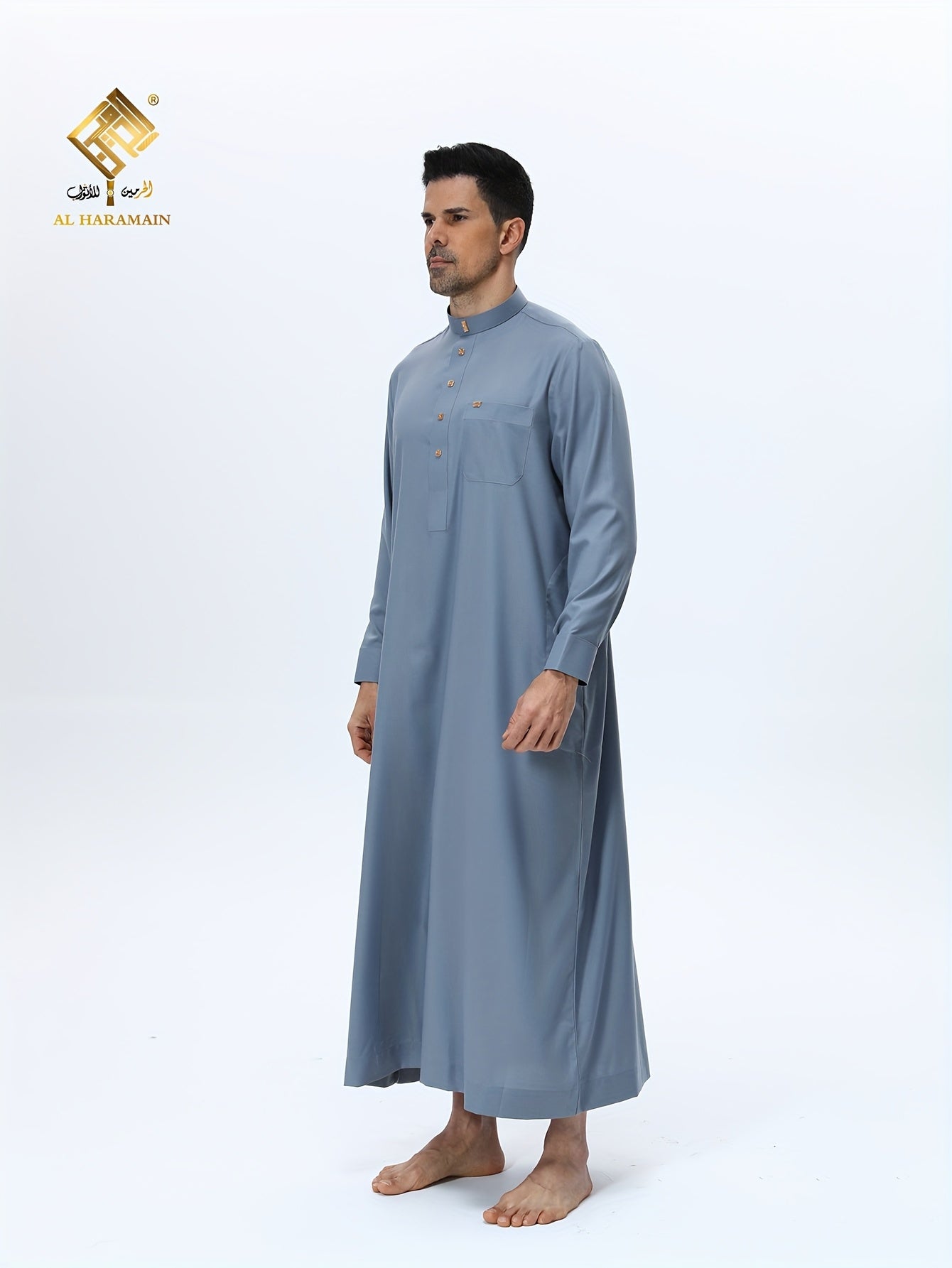 ثوب عربي رجالي من الحرمين – ثوب صلاة فاخر ناعم بأكمام طويلة وياقة واقفة مع أربعة أزرار أمامية، قابل للغسل في الغسالة، ثوب تقليدي أنيق للارتداء اليومي والمناسبات الدينية