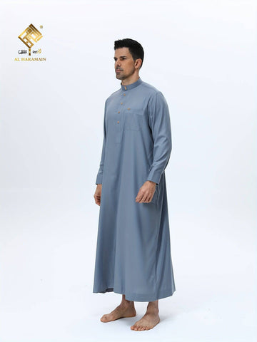 ثوب عربي رجالي من الحرمين – ثوب صلاة فاخر ناعم بأكمام طويلة وياقة واقفة مع أربعة أزرار أمامية، قابل للغسل في الغسالة، ثوب تقليدي أنيق للارتداء اليومي والمناسبات الدينية - Ebuy.sa