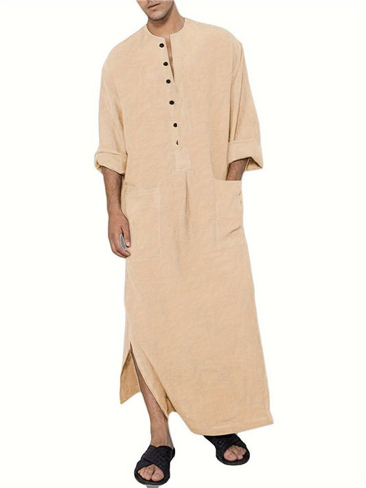 رجالي قندورة قطنية أنيقة بأكمام طويلة وجيوب مزدوجة – بأسلوب سعودي شرق أوسطي، باللون البيج، بياقة دائرية، مع فتحة أزرار، قابلة للغسيل بالغسالة، رداء تقليدي مناسب لفصلي الربيع والخريف، هدية مثالية للكبار ولمناسبات رمضان. - Ebuy.sa