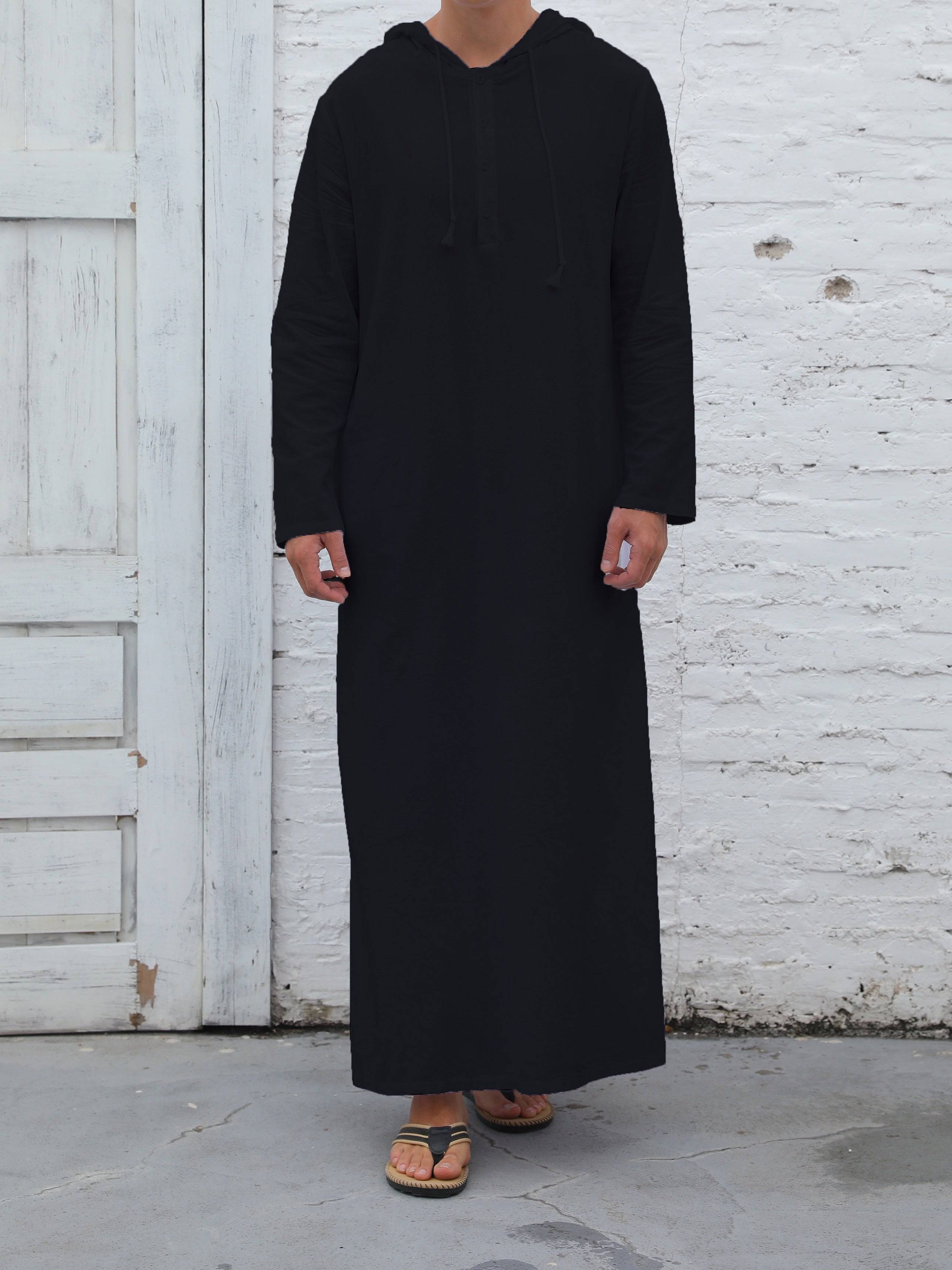 عباية رجالية كاجوال بغطاء رأس وحبل شد – بأكمام طويلة، بلون سادة، تصميم واسع على شكل حرف A، مثالية لجميع المواسم - Ebuy.sa