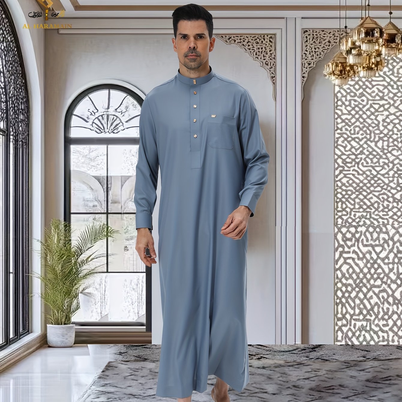 ثوب عربي رجالي من الحرمين – ثوب صلاة فاخر ناعم بأكمام طويلة وياقة واقفة مع أربعة أزرار أمامية، قابل للغسل في الغسالة، ثوب تقليدي أنيق للارتداء اليومي والمناسبات الدينية
