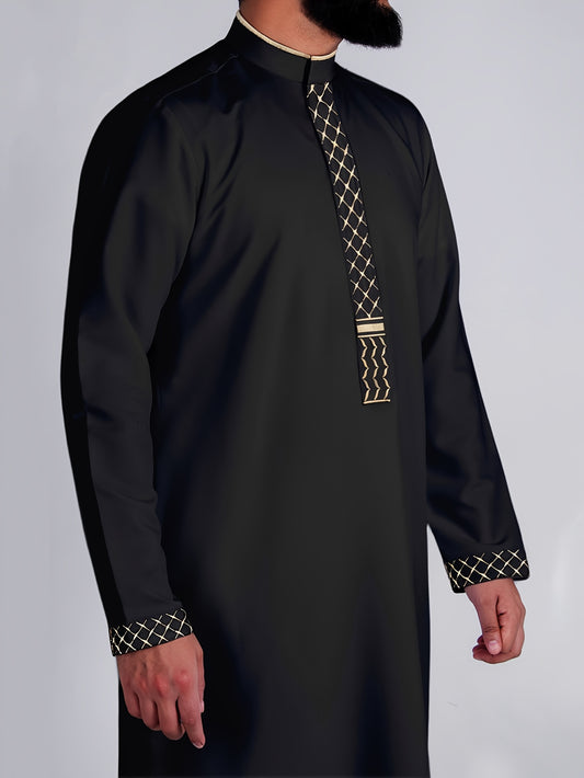 الرجل أنيق قفطان مخطط باللون الأسود مع تطريز - روب بأكمام طويلة وياقة قائمة مع تفاصيل سحاب ذهبية، مزيج من البوليستر، مثالي لشهر رمضان والمناسبات الاحتفالية، هدية للكبار، هدية لرمضان