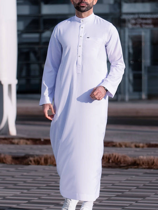 ثوب عربي تقليدي رجالي | مزيج بوليستر وإيلاستان باللون الأبيض | قصة واسعة غير رسمية بياقة واقفة وأزرار زينة | جلابية بأكمام طويلة لجميع المواسم | مثالي لاحتفالات عيد الأضحى | قابل للغسل يدويًا - Ebuy.sa