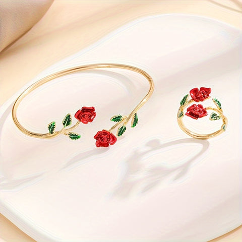 طقم سوار وخاتم بتصميم زهرة الورد – مجوهرات أنيقة بتصميم زهري للنساء