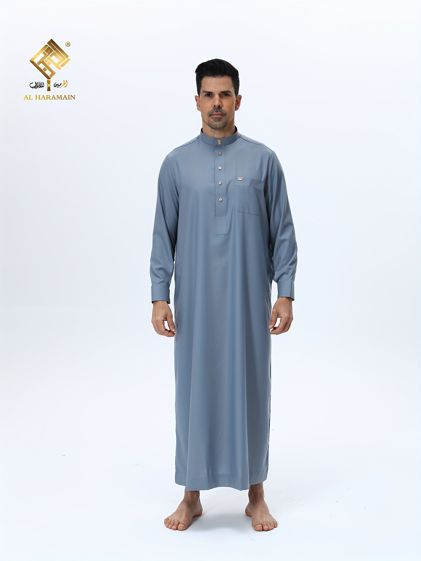 ثوب عربي رجالي من الحرمين – ثوب صلاة فاخر ناعم بأكمام طويلة وياقة واقفة مع أربعة أزرار أمامية، قابل للغسل في الغسالة، ثوب تقليدي أنيق للارتداء اليومي والمناسبات الدينية