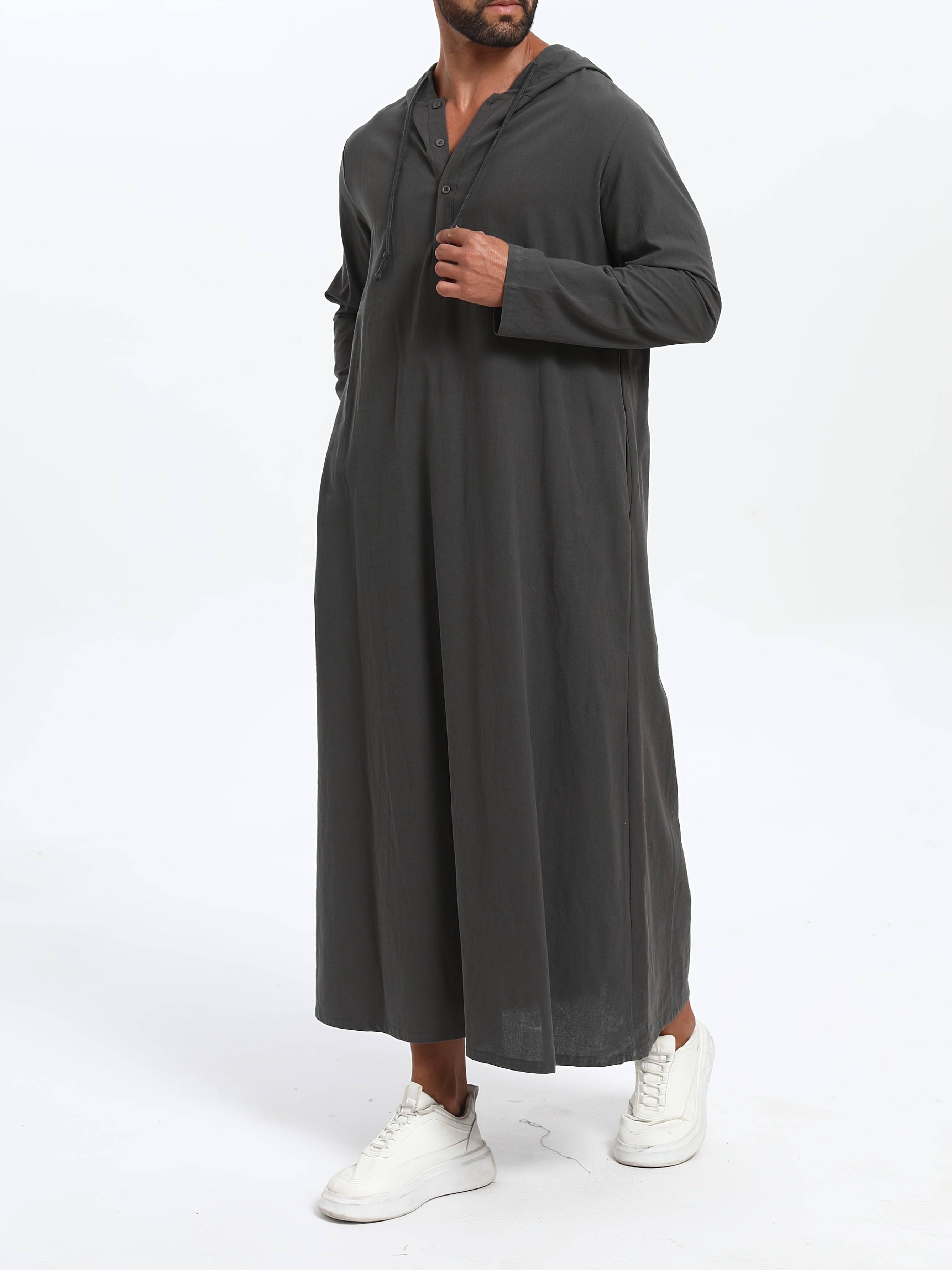 عباية رجالية كاجوال بغطاء رأس وحبل شد – بأكمام طويلة، بلون سادة، تصميم واسع على شكل حرف A، مثالية لجميع المواسم - Ebuy.sa