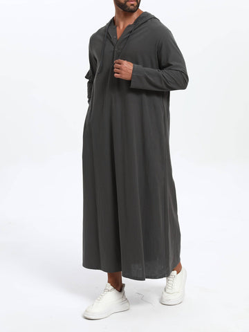 عباية رجالية كاجوال بغطاء رأس وحبل شد – بأكمام طويلة، بلون سادة، تصميم واسع على شكل حرف A، مثالية لجميع المواسم - Ebuy.sa